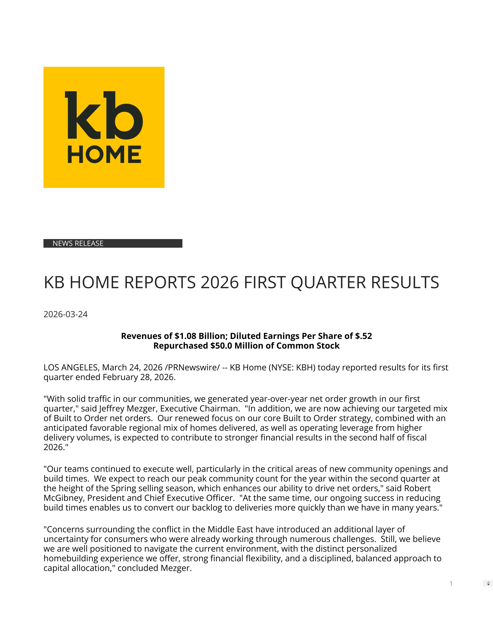 KB Home's Q1 2026 Press Release