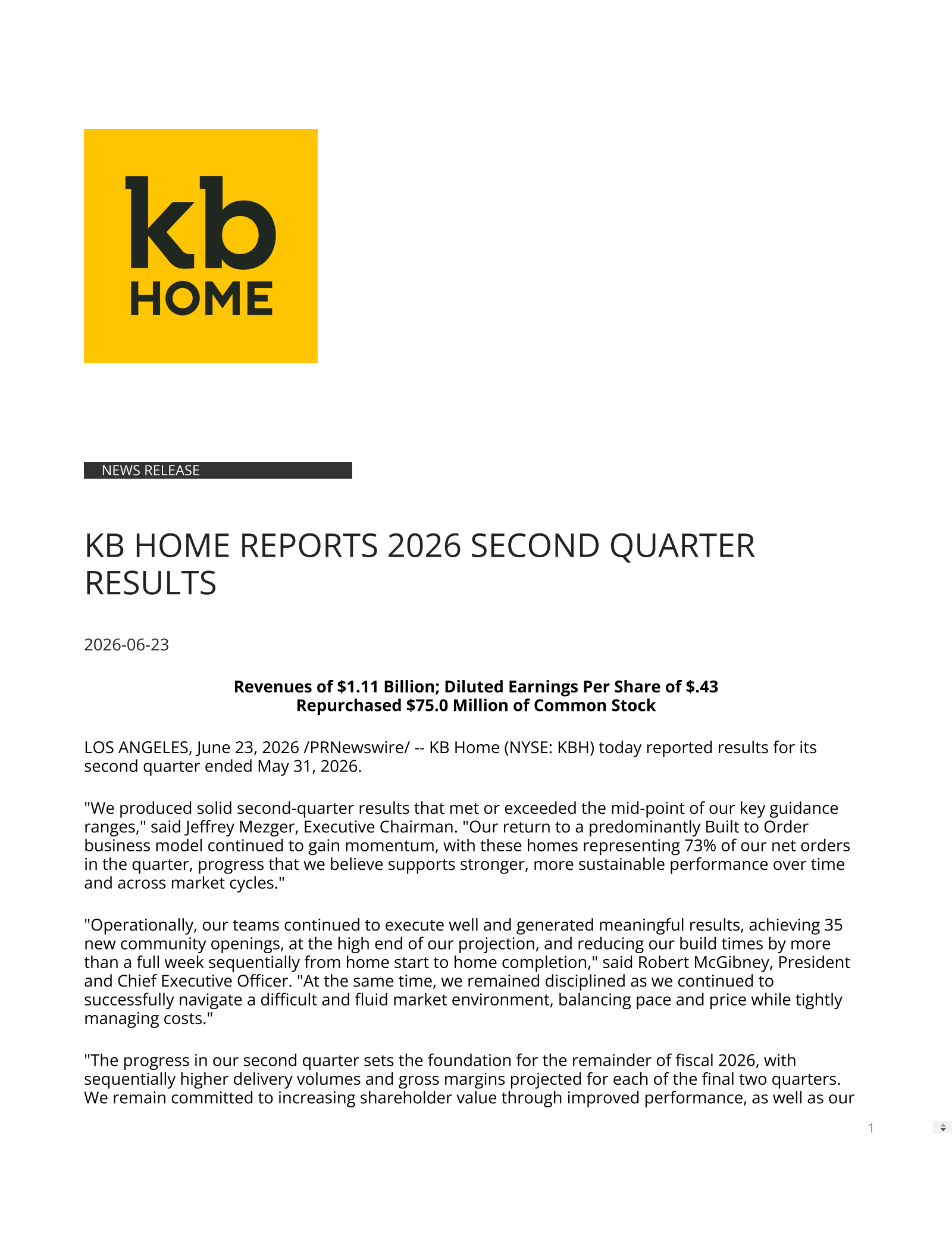 KB Home's Q2 2026 Press Release