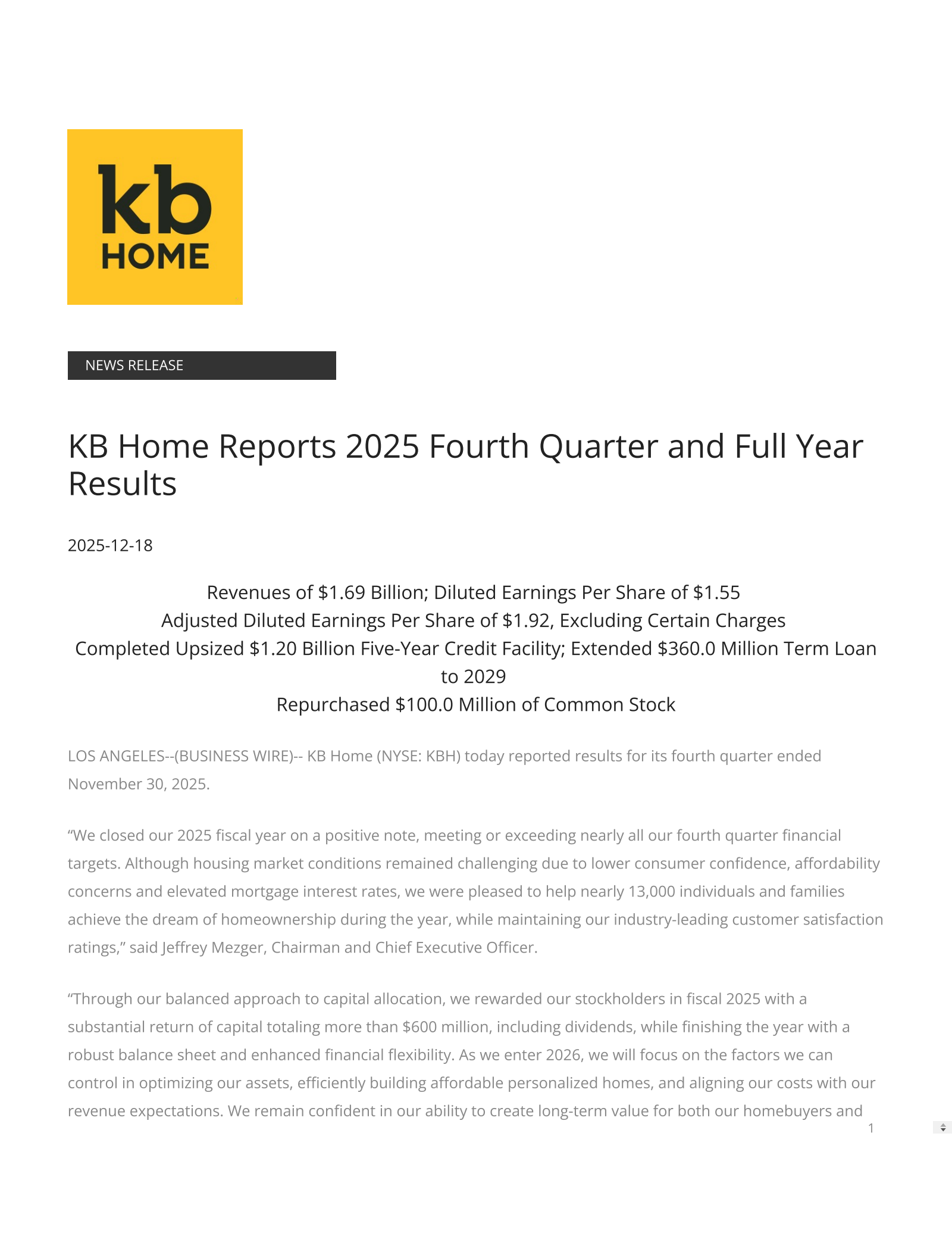 KB Home's Q4 2025 Earnings Release