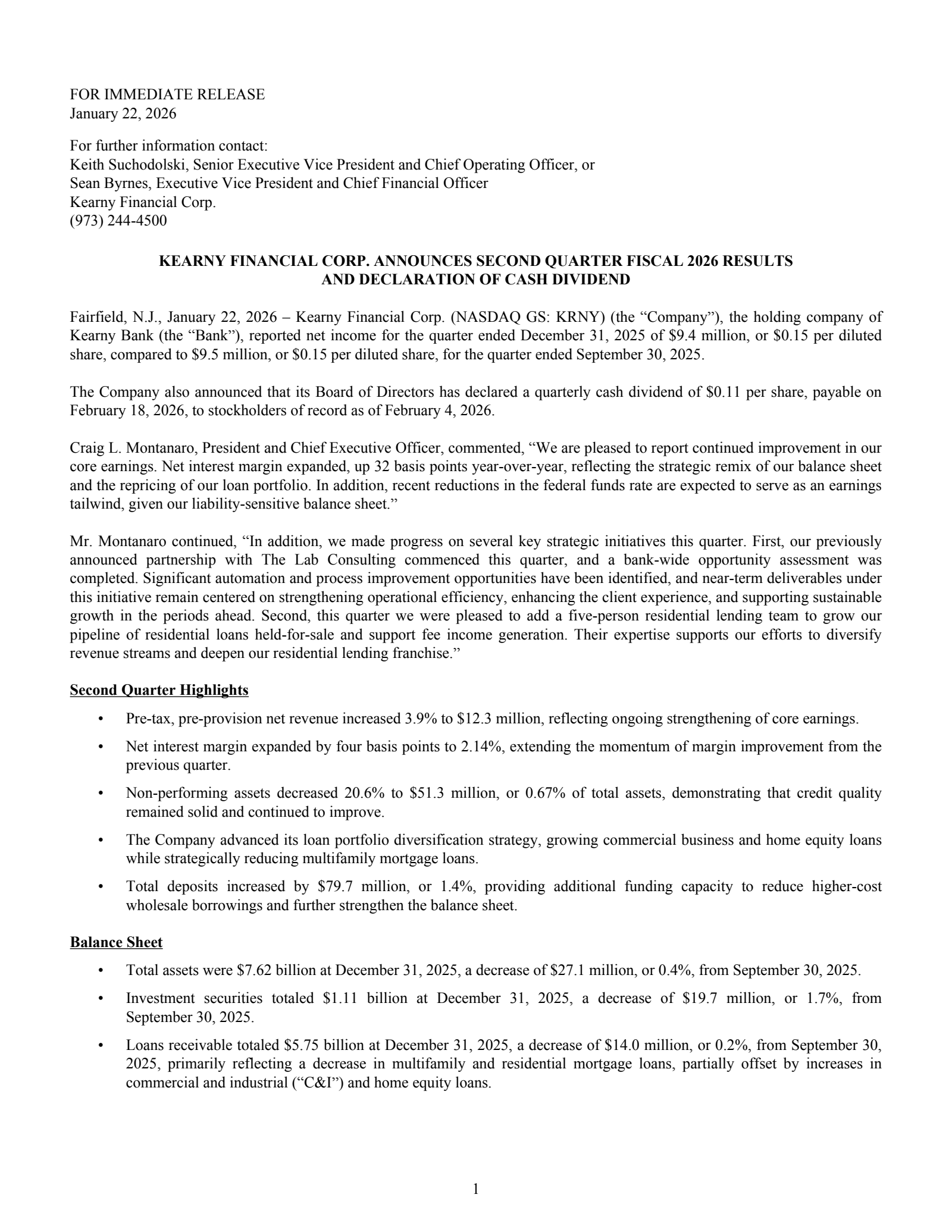 Kearny Financial's Q2 2026 Press Release