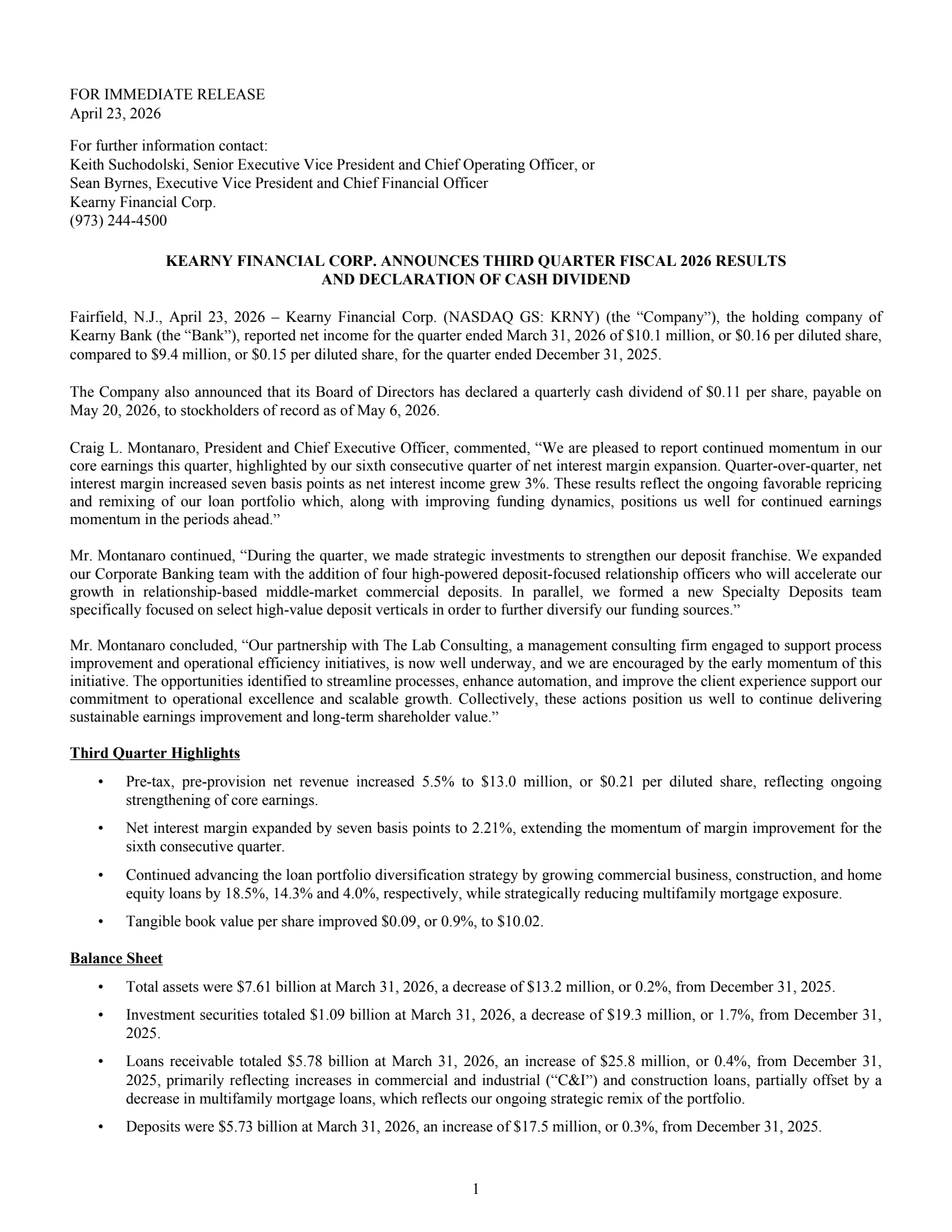 Kearny Financial's Q3 2026 Press Release