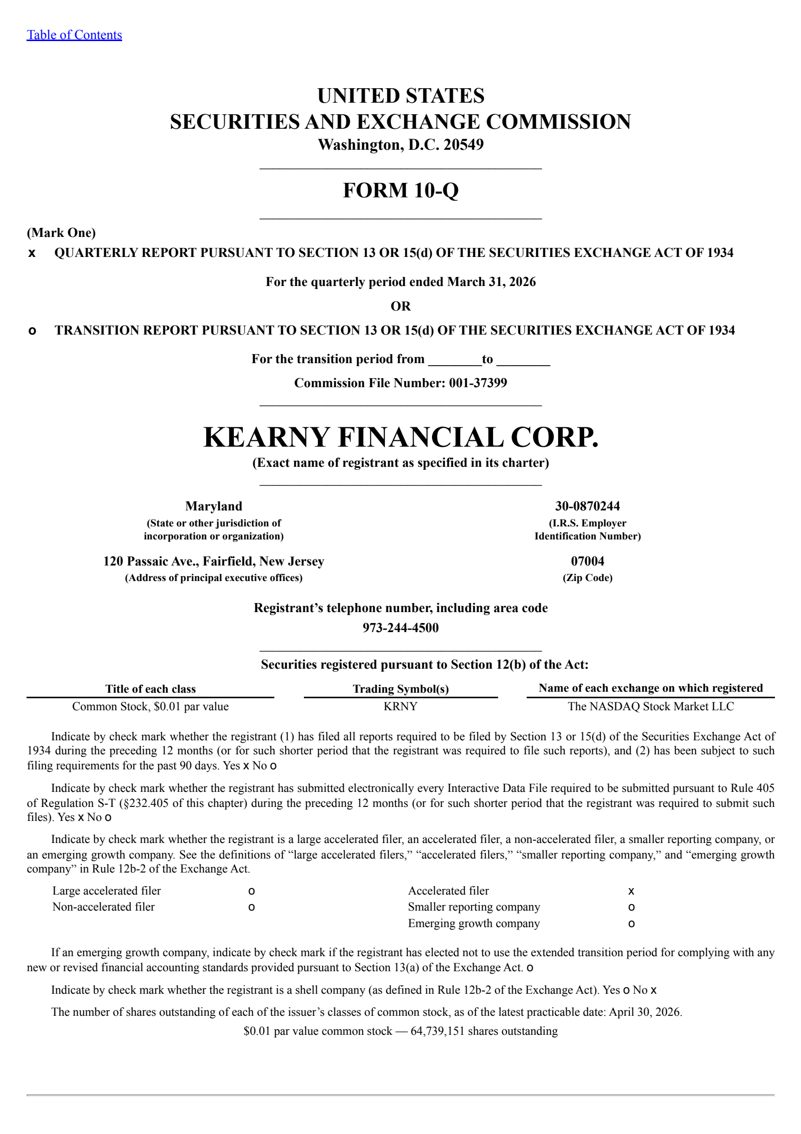 Kearny Financial's Q3 2026 Quarterly report
