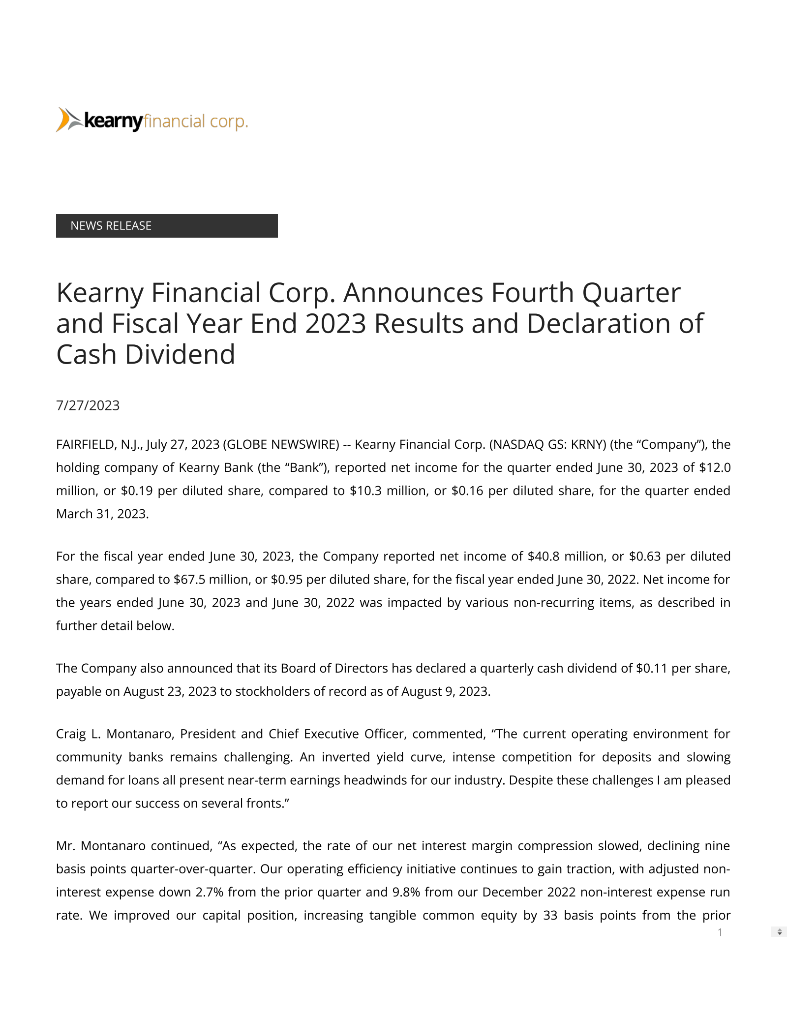 KRNY Q4 2023 Earnings Report on 7/27/2023