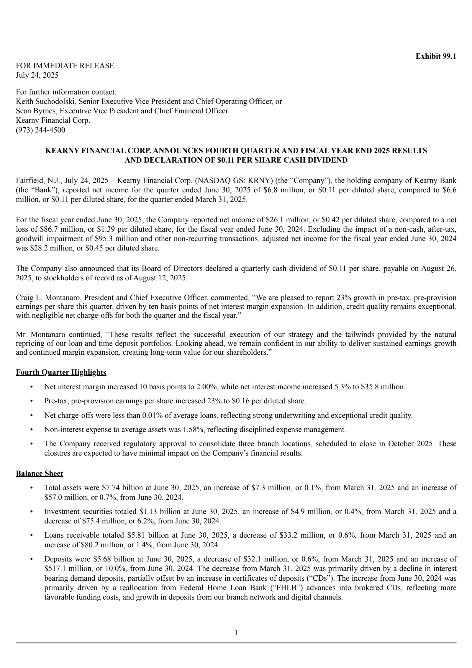 Kearny Financial's Q4 2025 Press Release