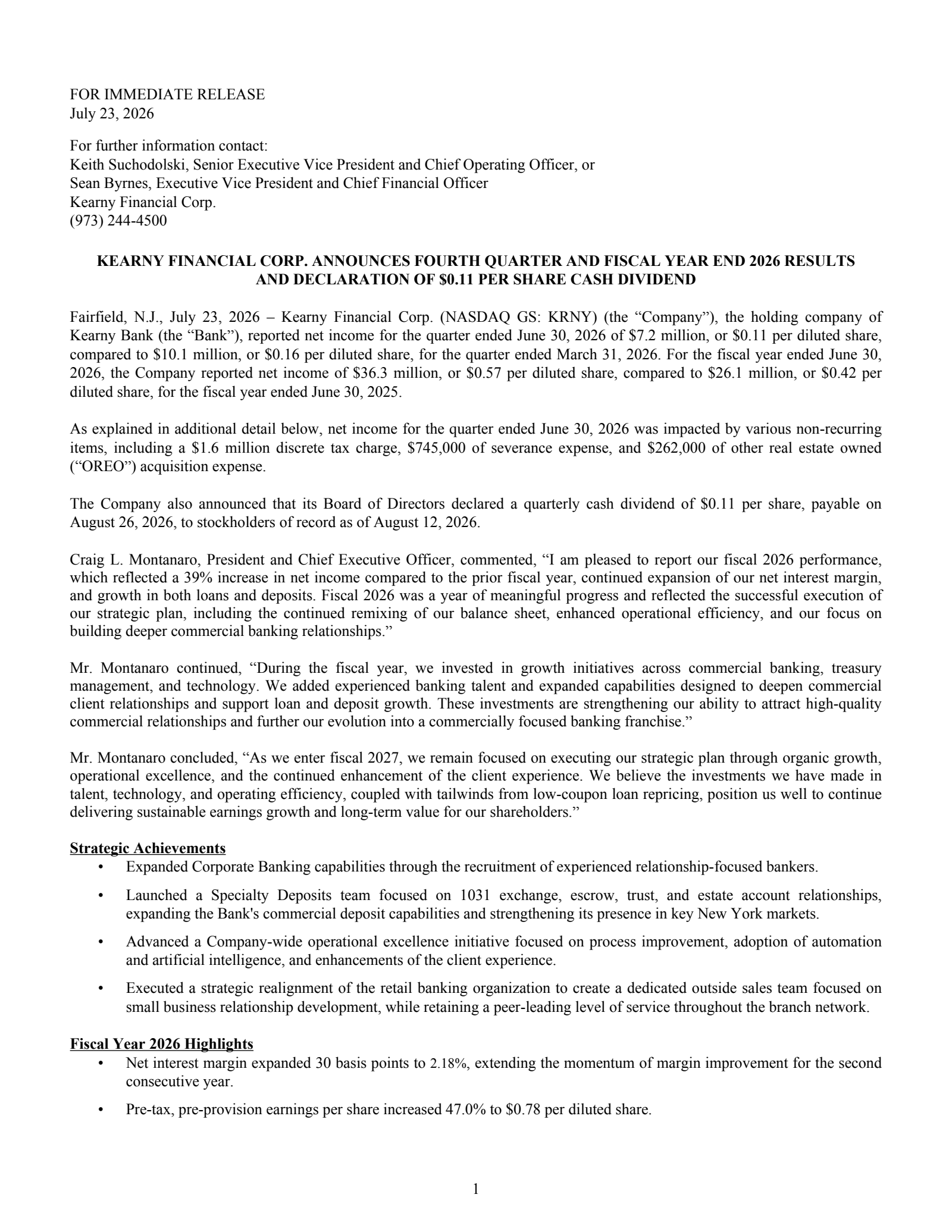 Kearny Financial's Q4 2026 Press Release
