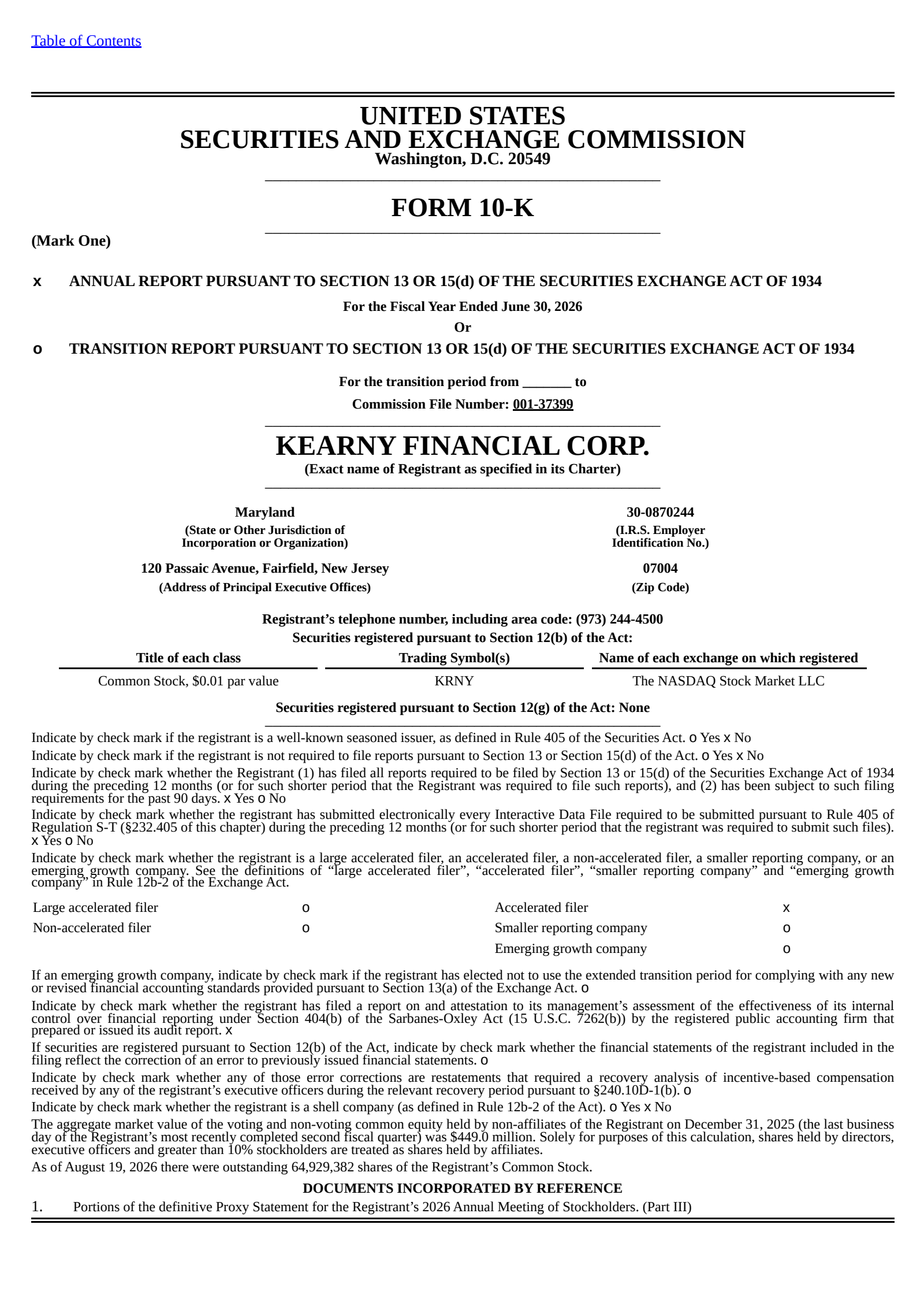 Kearny Financial's Q4 2026 Annual report