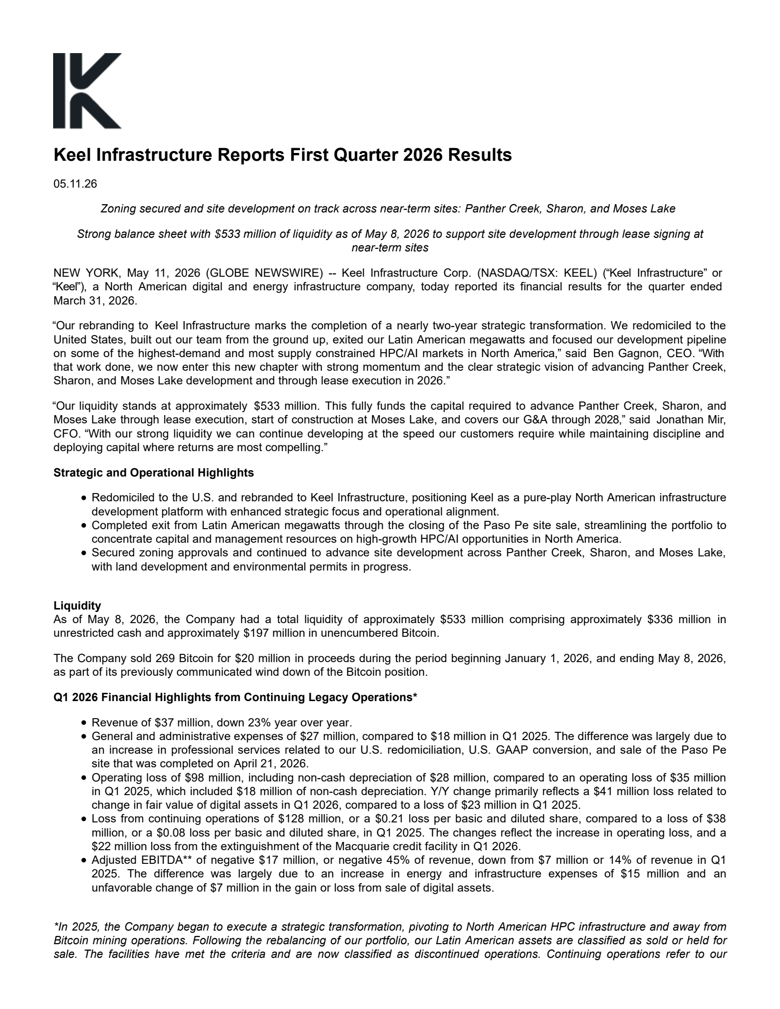 Bitfarms' Q1 2026 Press Release