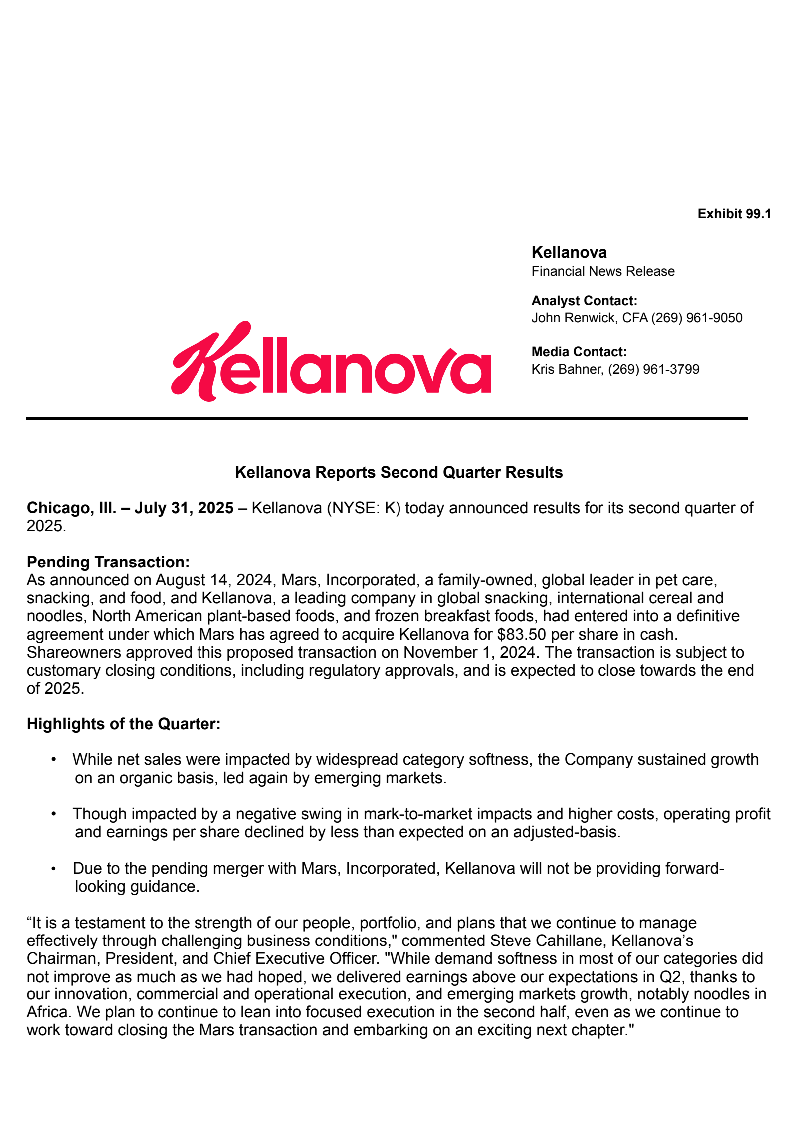 Kellanova's Q2 2025 Press Release