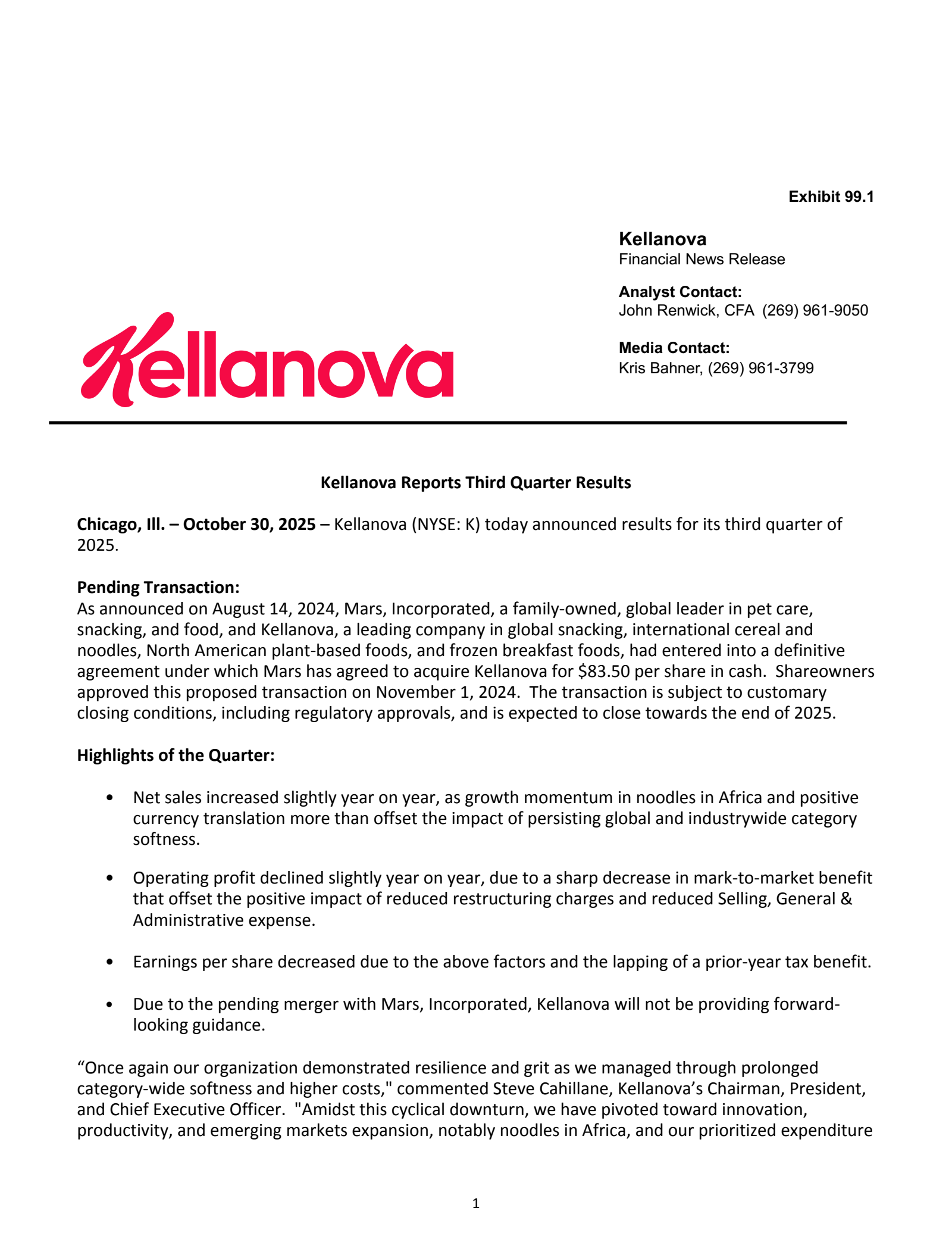 Kellanova's Q3 2025 Earnings Release