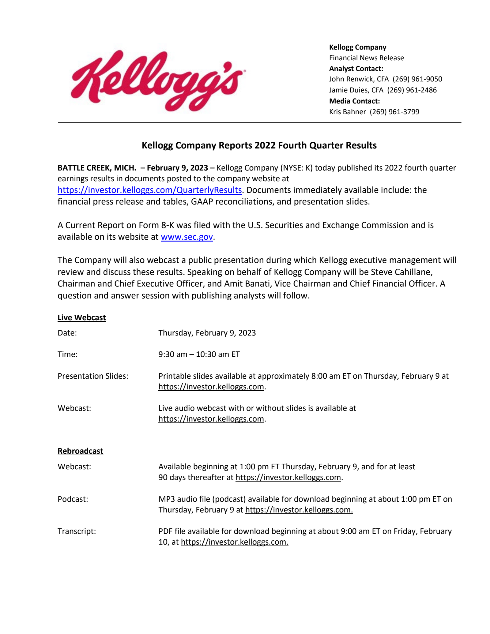Kellanova's Q4 2022 Press Release