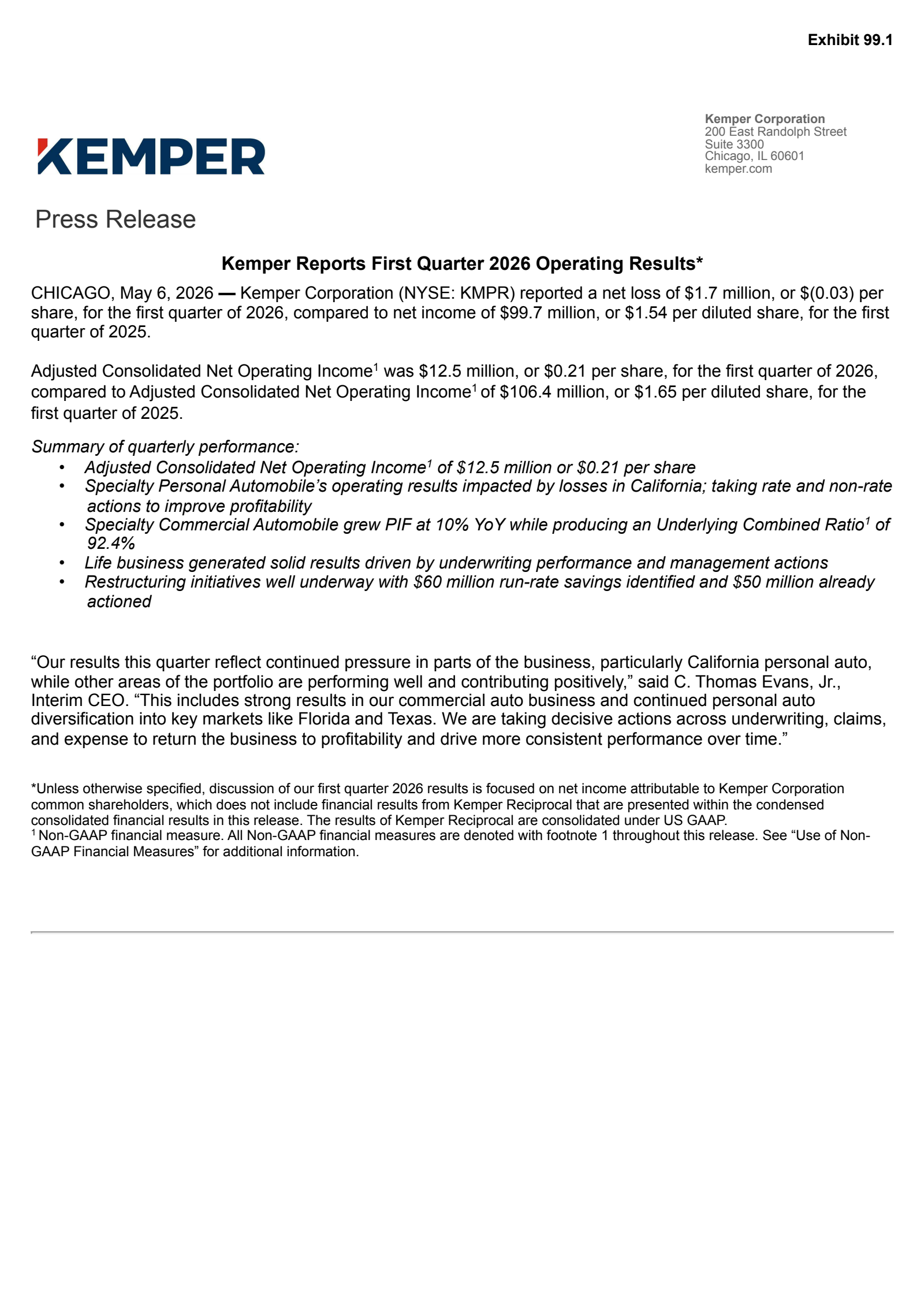 Kemper's Q1 2026 Press Release