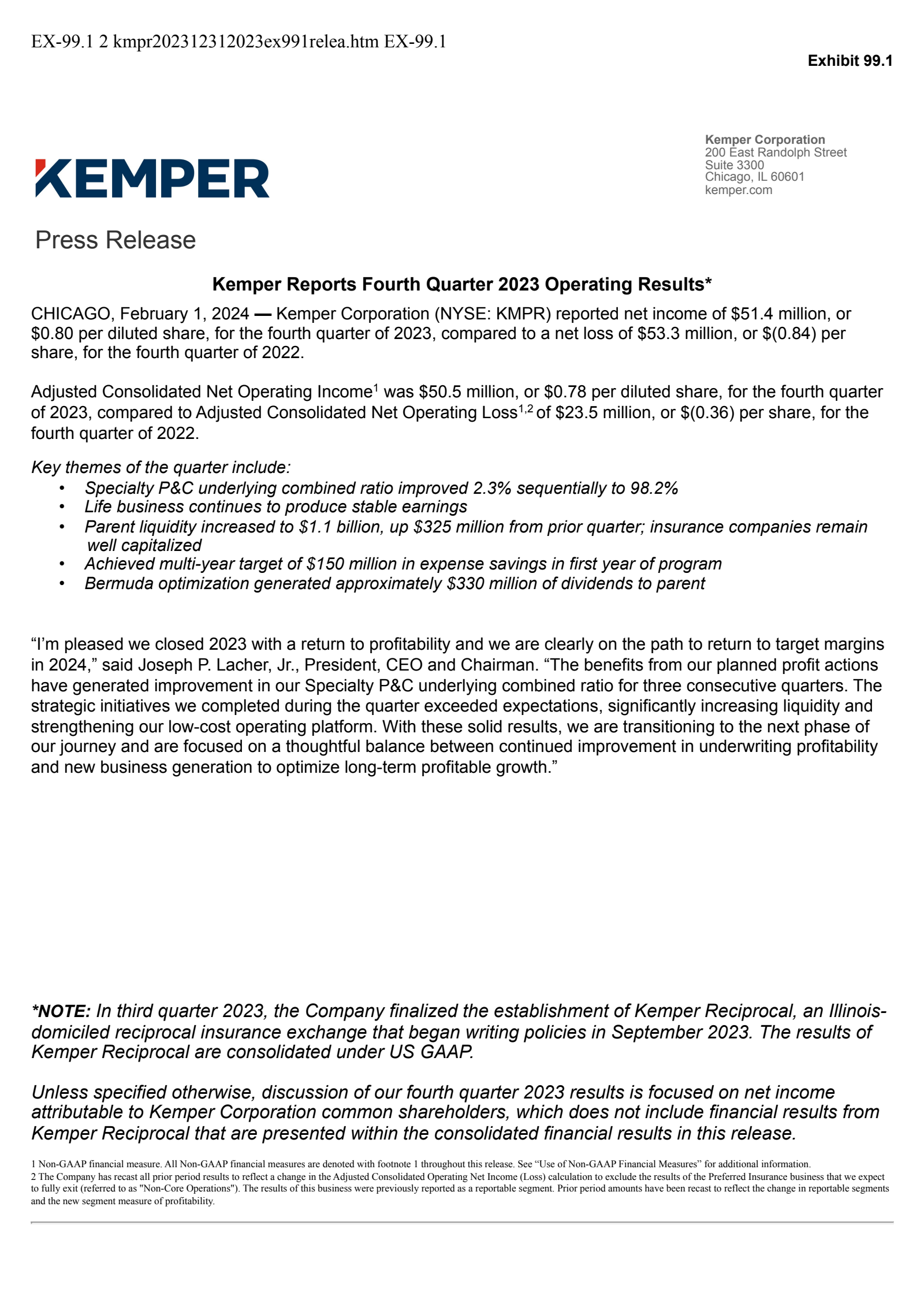 Kemper's Q4 2023 Press Release