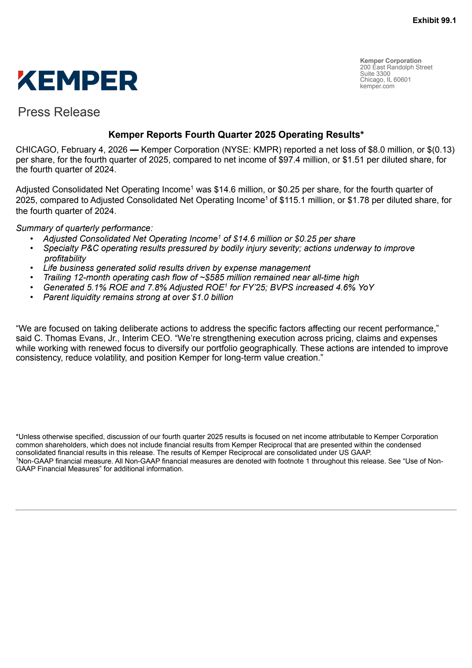 Kemper's Q4 2025 Press Release