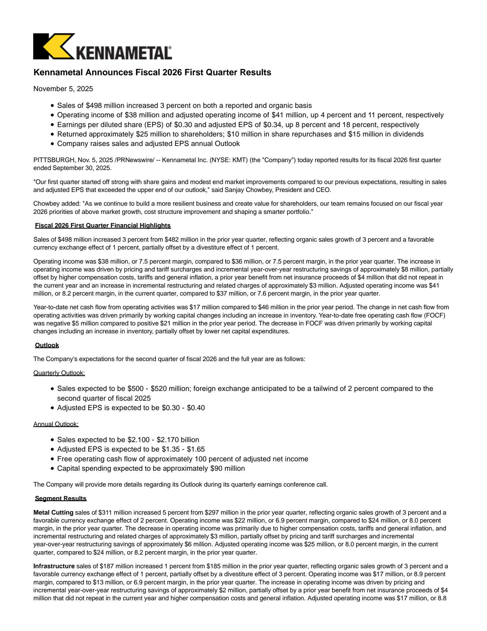 Kennametal's Q1 2026 Earnings Release