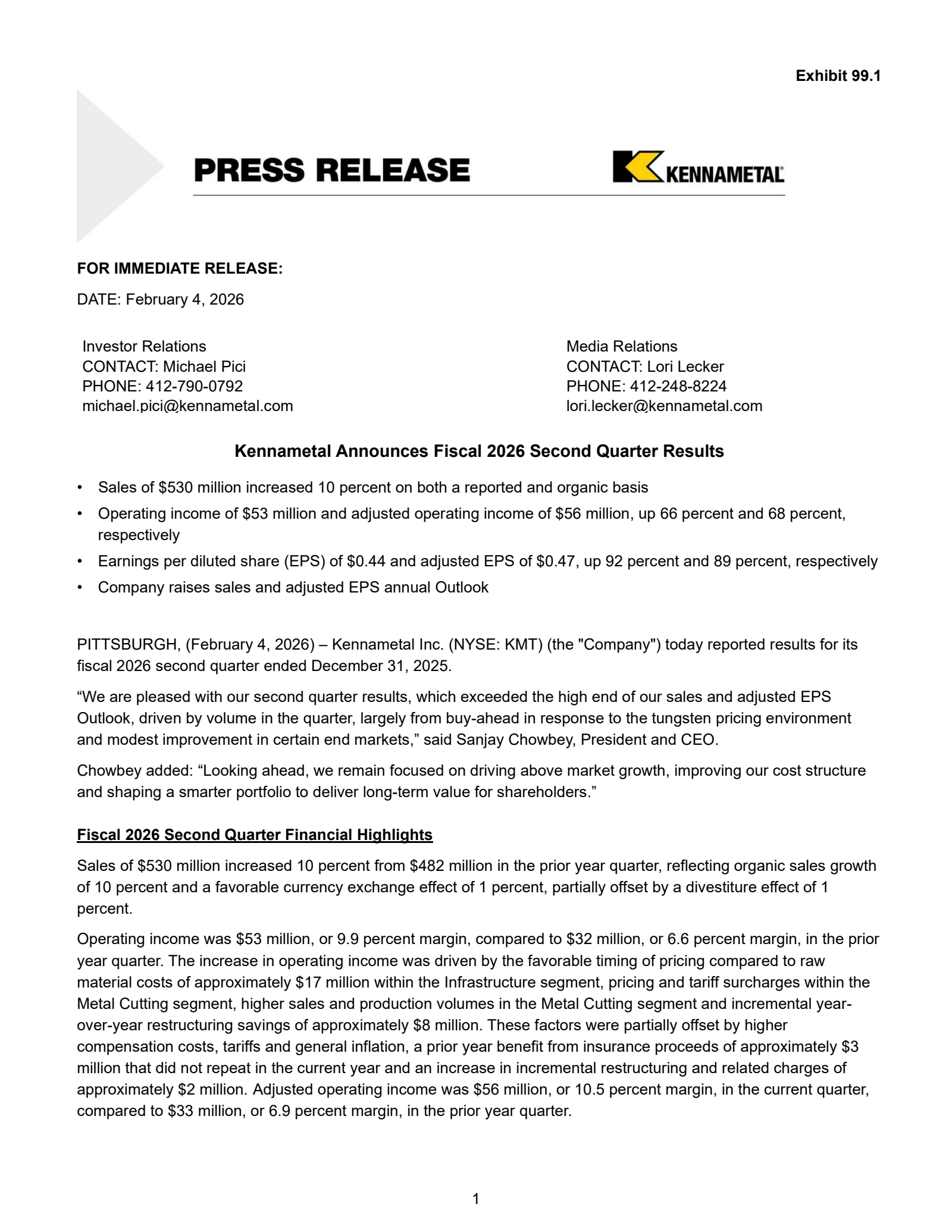 Kennametal's Q2 2026 Press Release