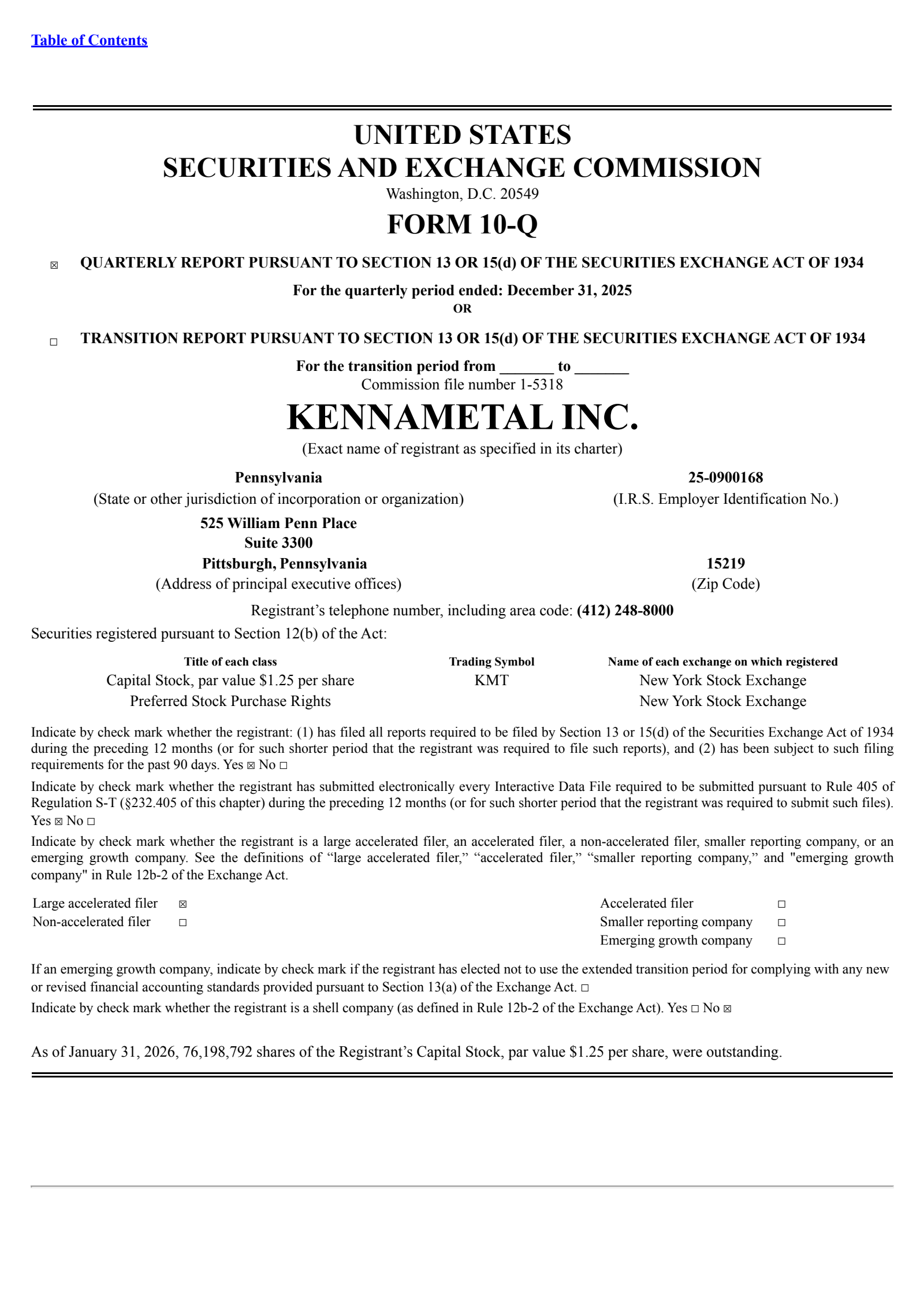 Kennametal's Q2 2026 Quarterly report