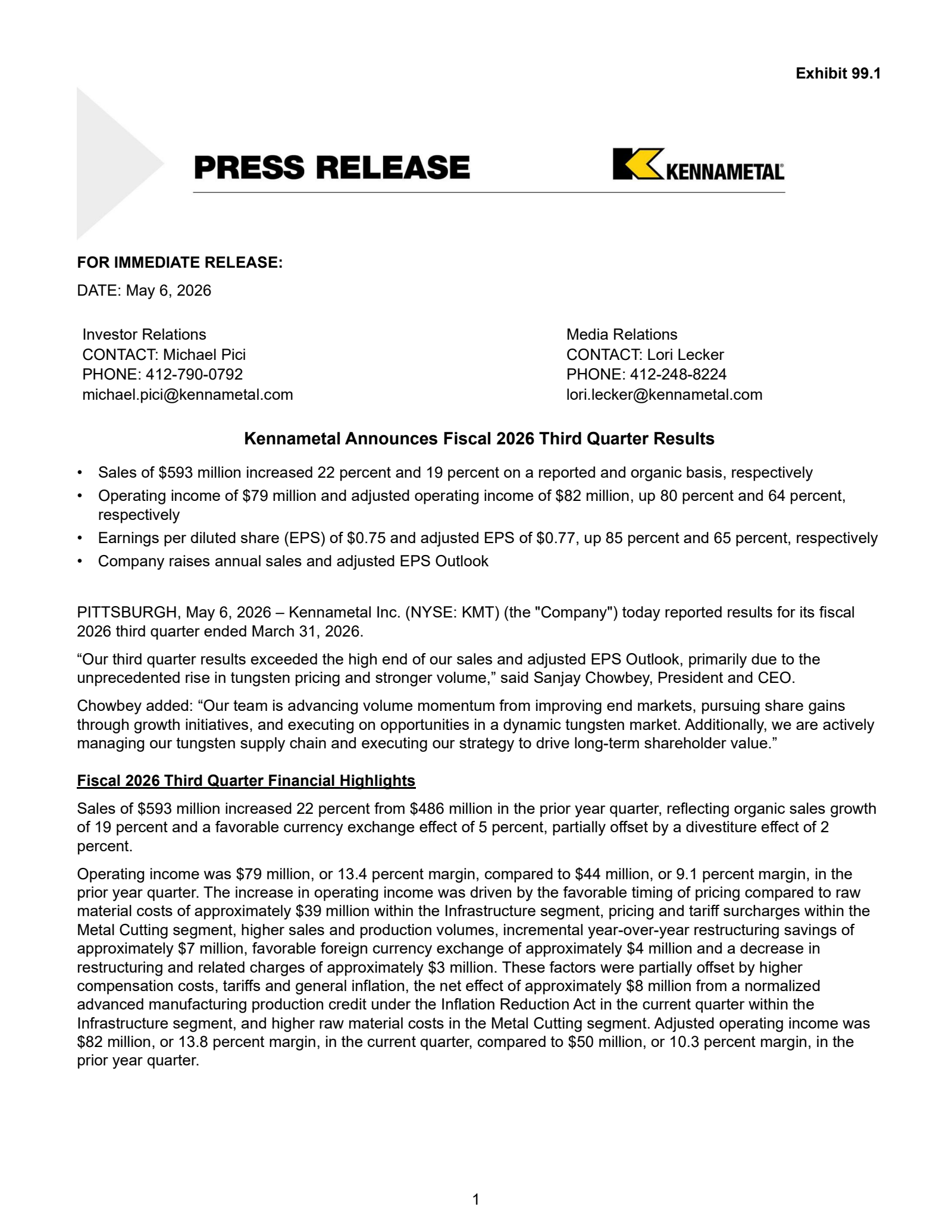 Kennametal's Q3 2026 Press Release