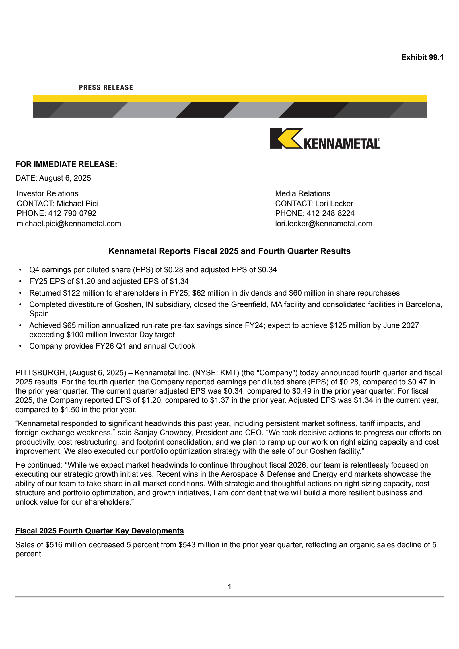 Kennametal's Q4 2025 Press Release