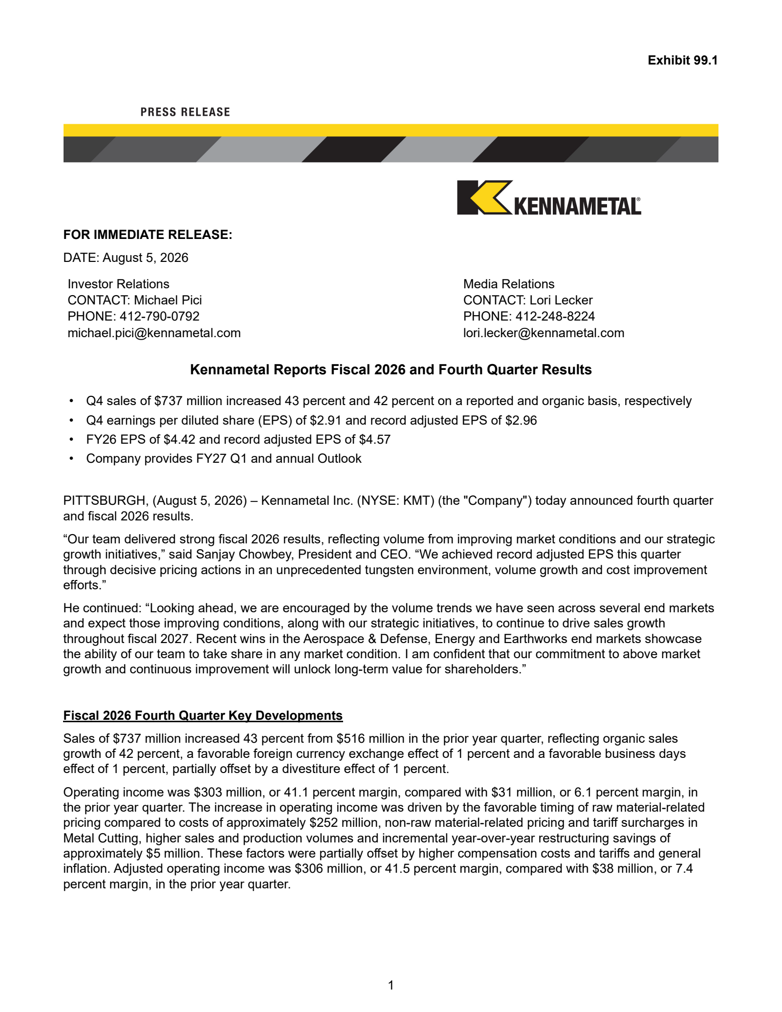 Kennametal's Q4 2026 Press Release