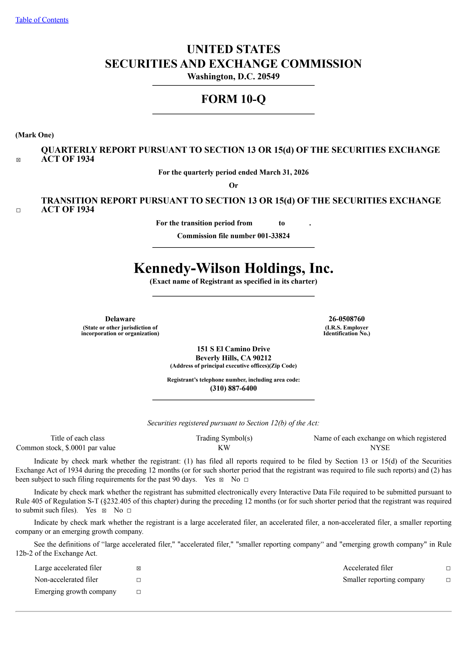 Kennedy-Wilson's Q1 2026 Quarterly report