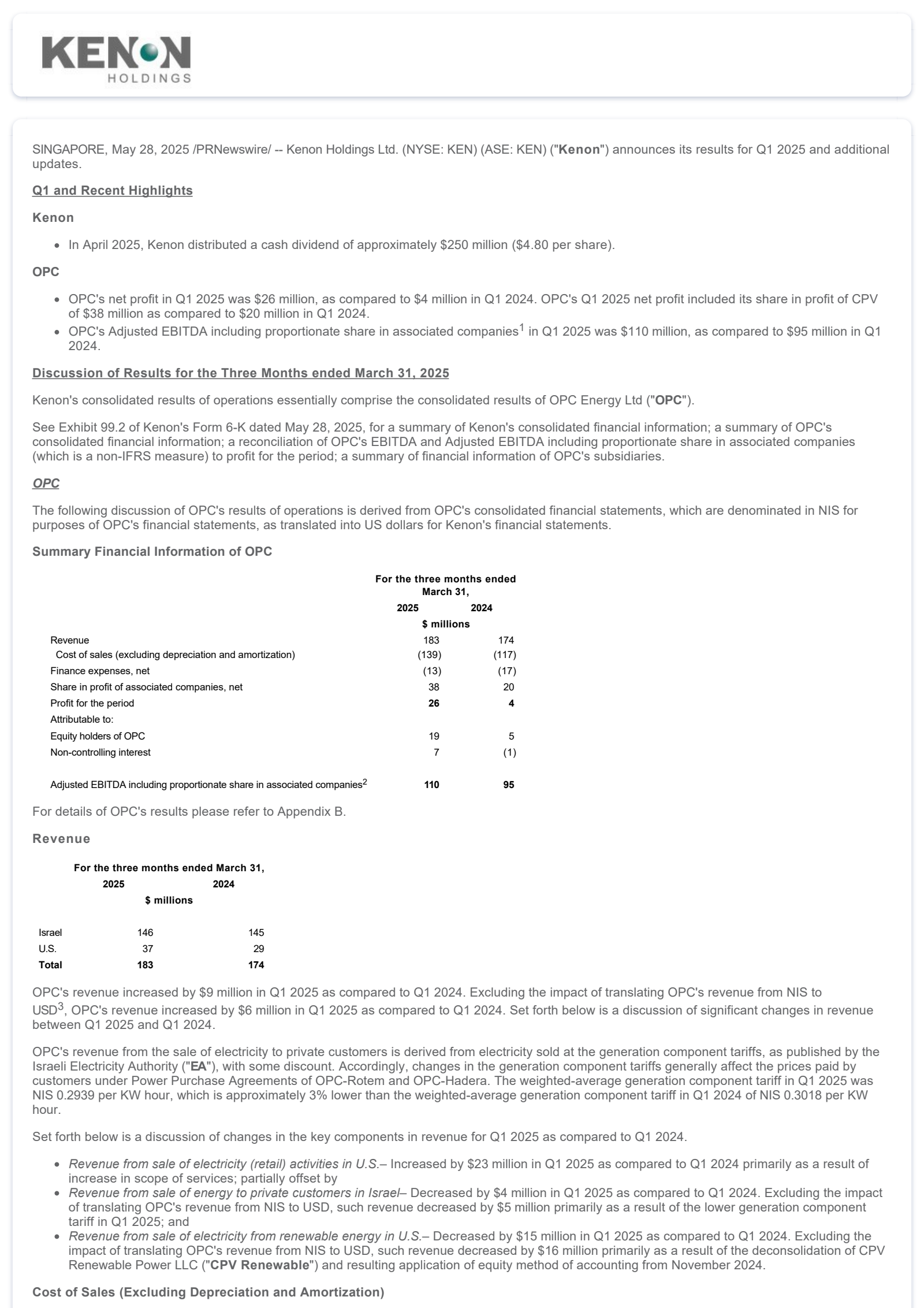 Kenon's Q1 2025 Press Release