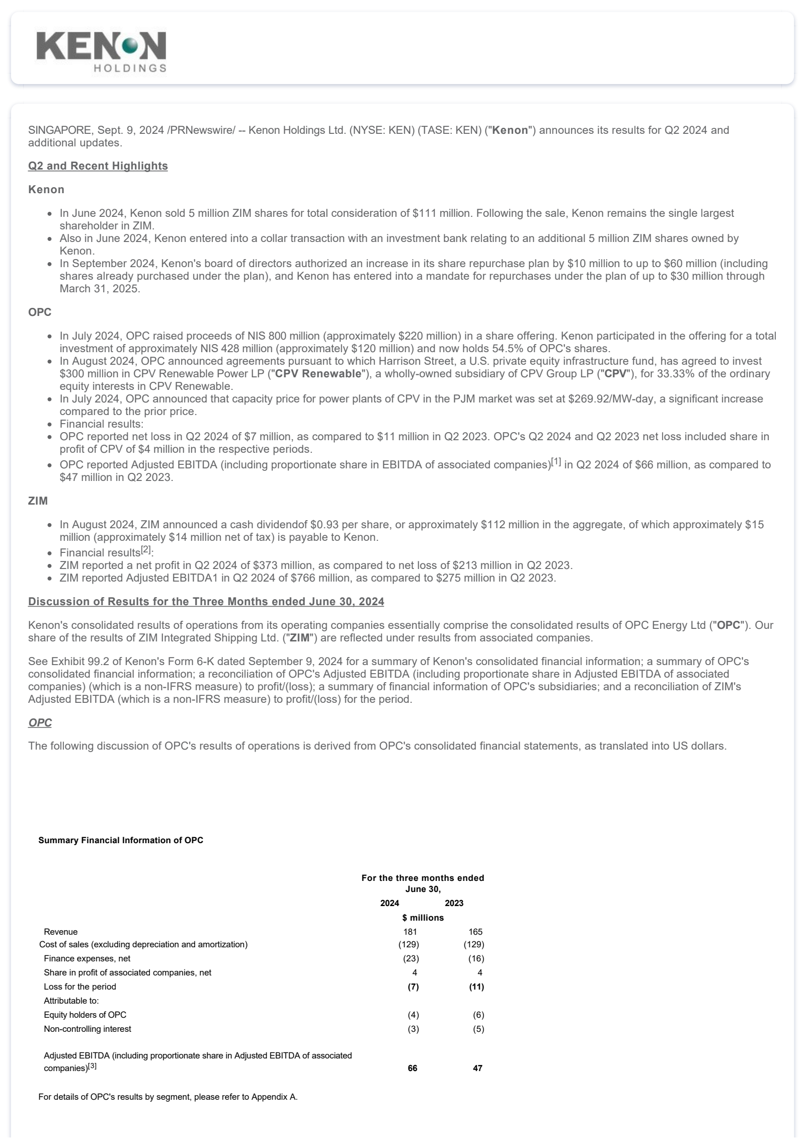 Kenon's Q2 2024 Press Release