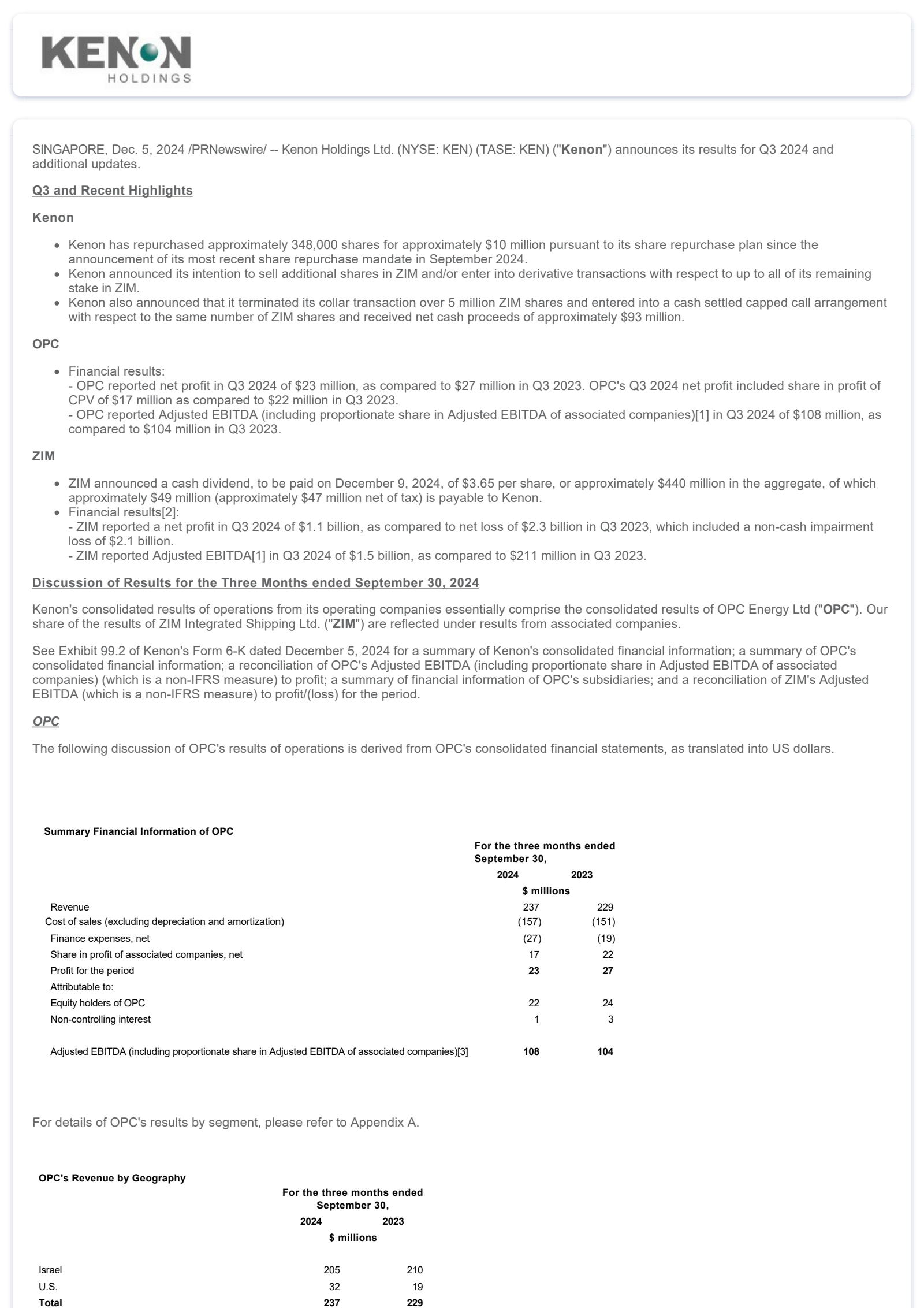 Kenon's Q3 2024 Press Release