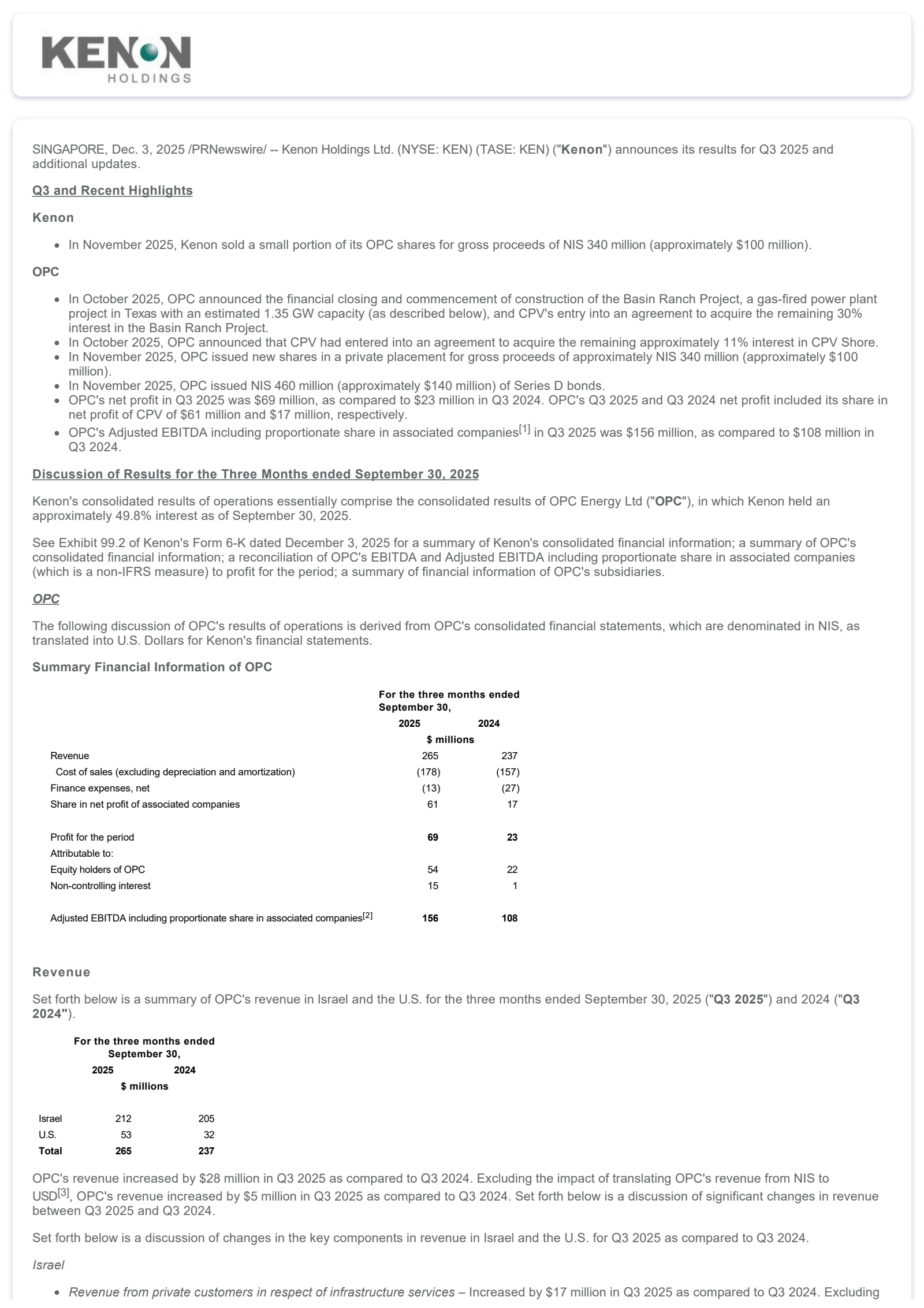 Kenon's Q3 2025 Press Release