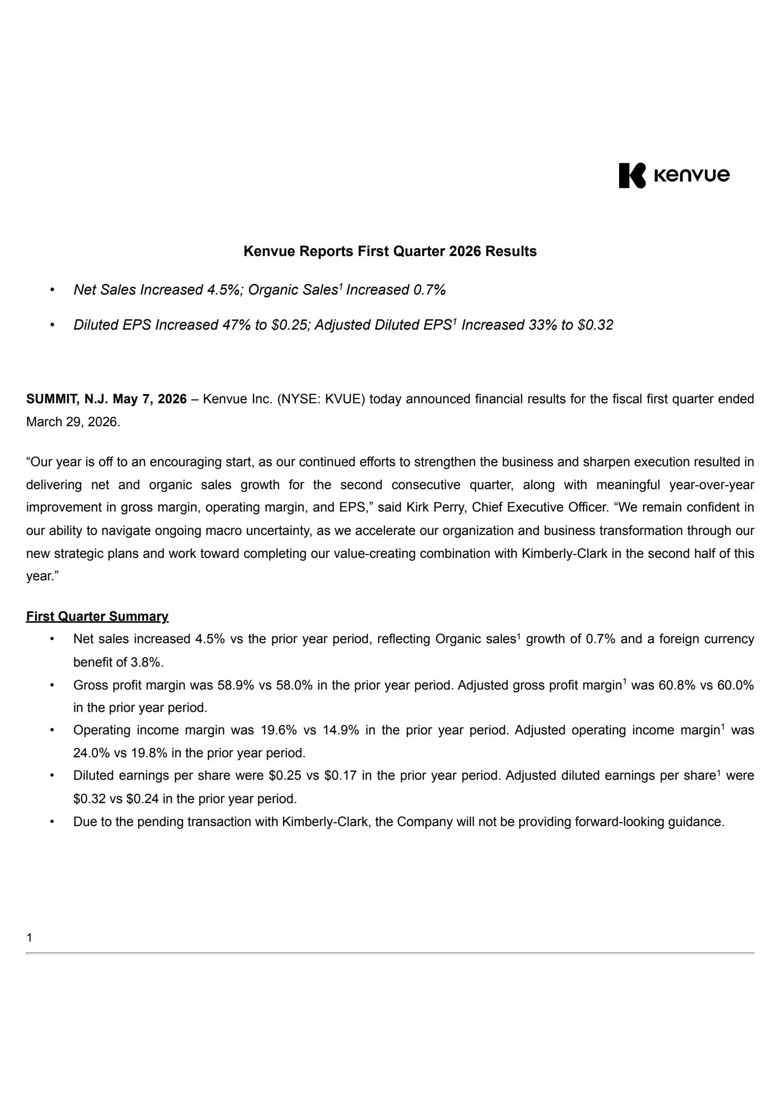 Kenvue's Q1 2026 Press Release