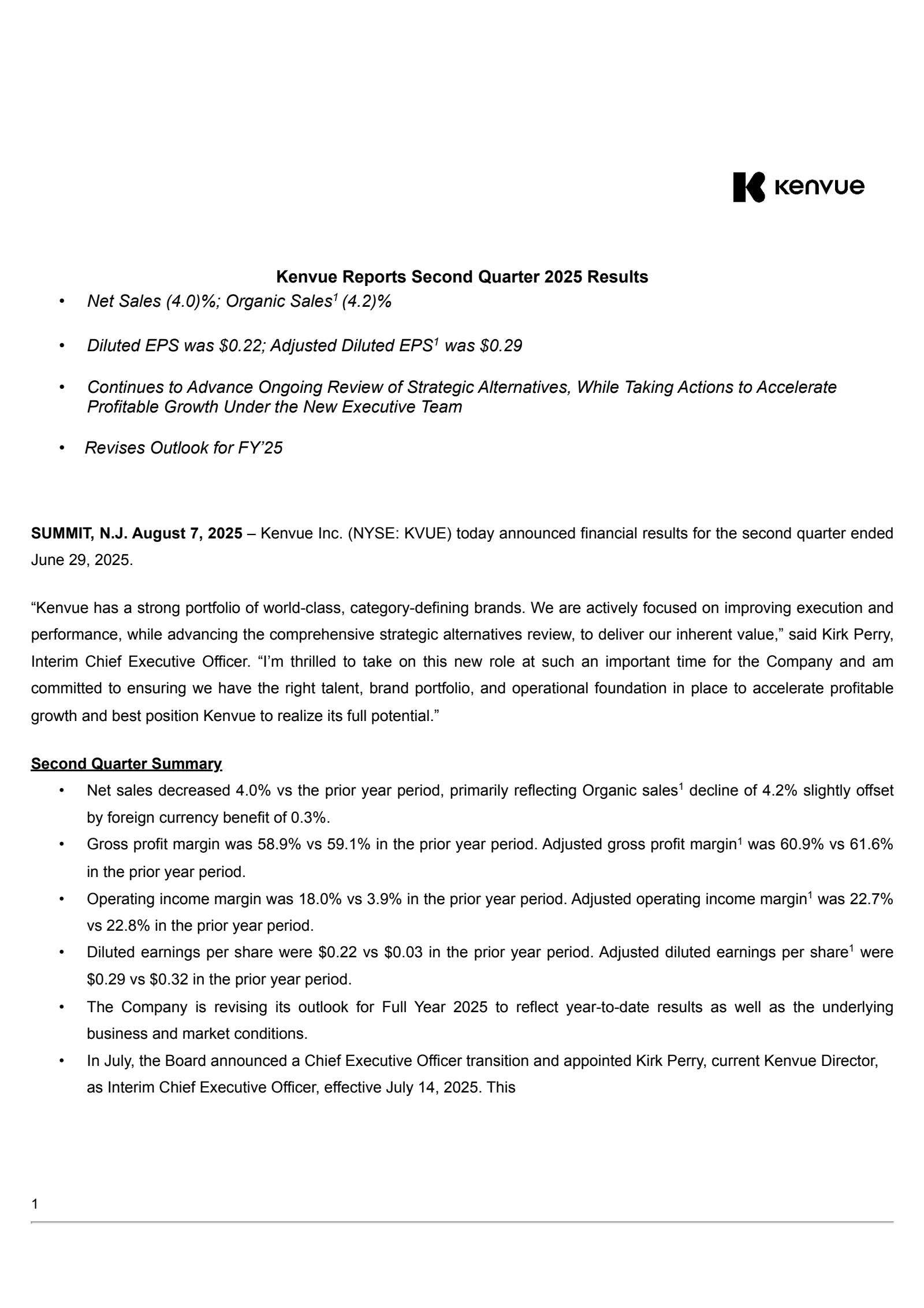 Kenvue's Q2 2025 Press Release