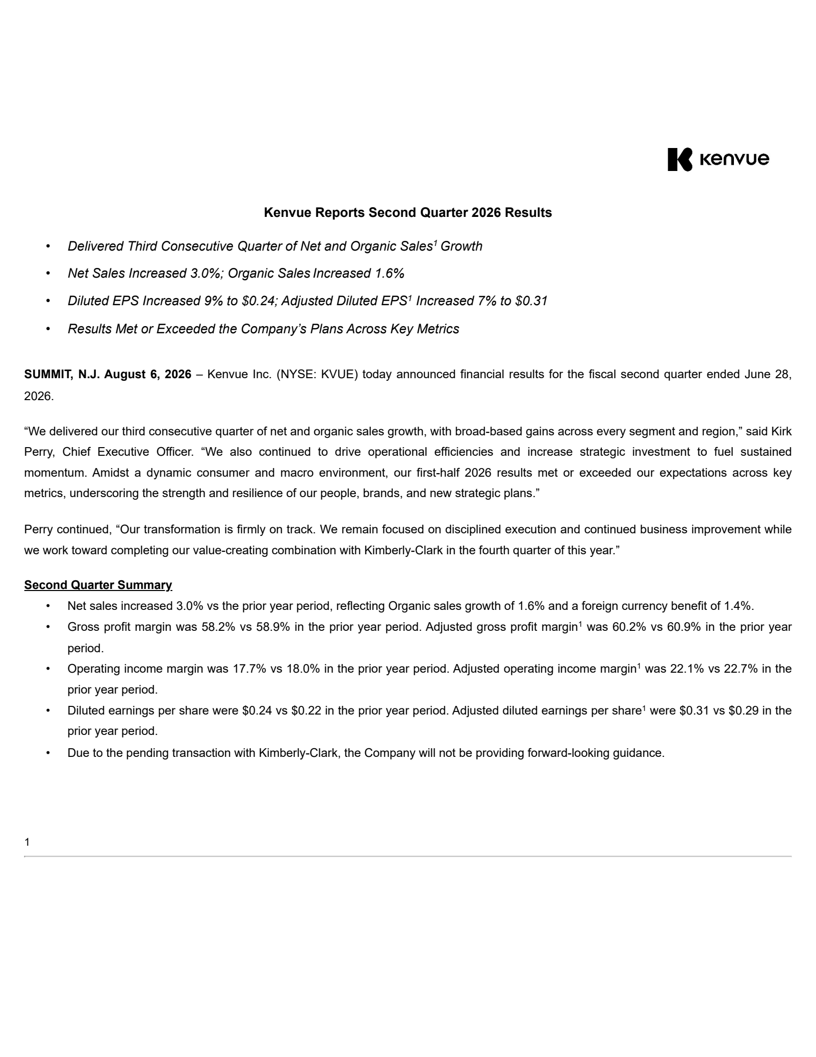 Kenvue's Q2 2026 Press Release