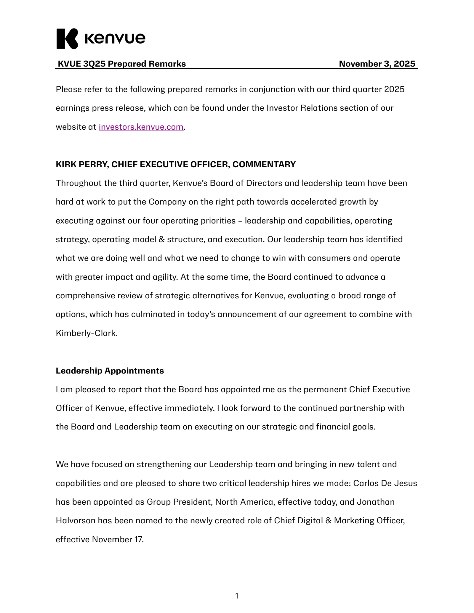 Kenvue's Q3 2025 Prepared Remarks Earnings Release