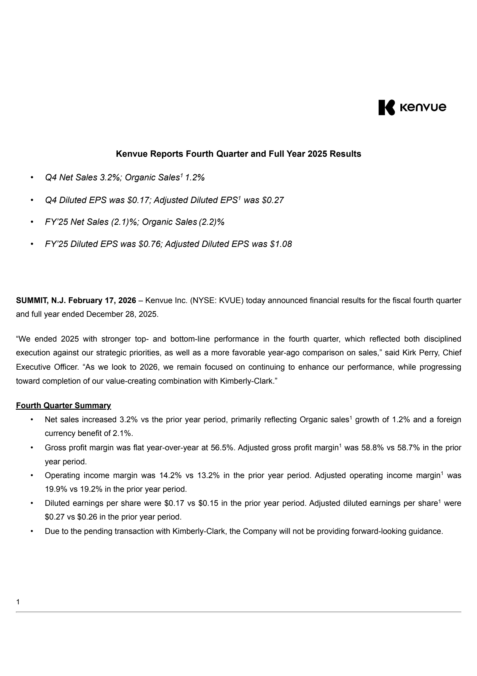 Kenvue's Q4 2025 Press Release