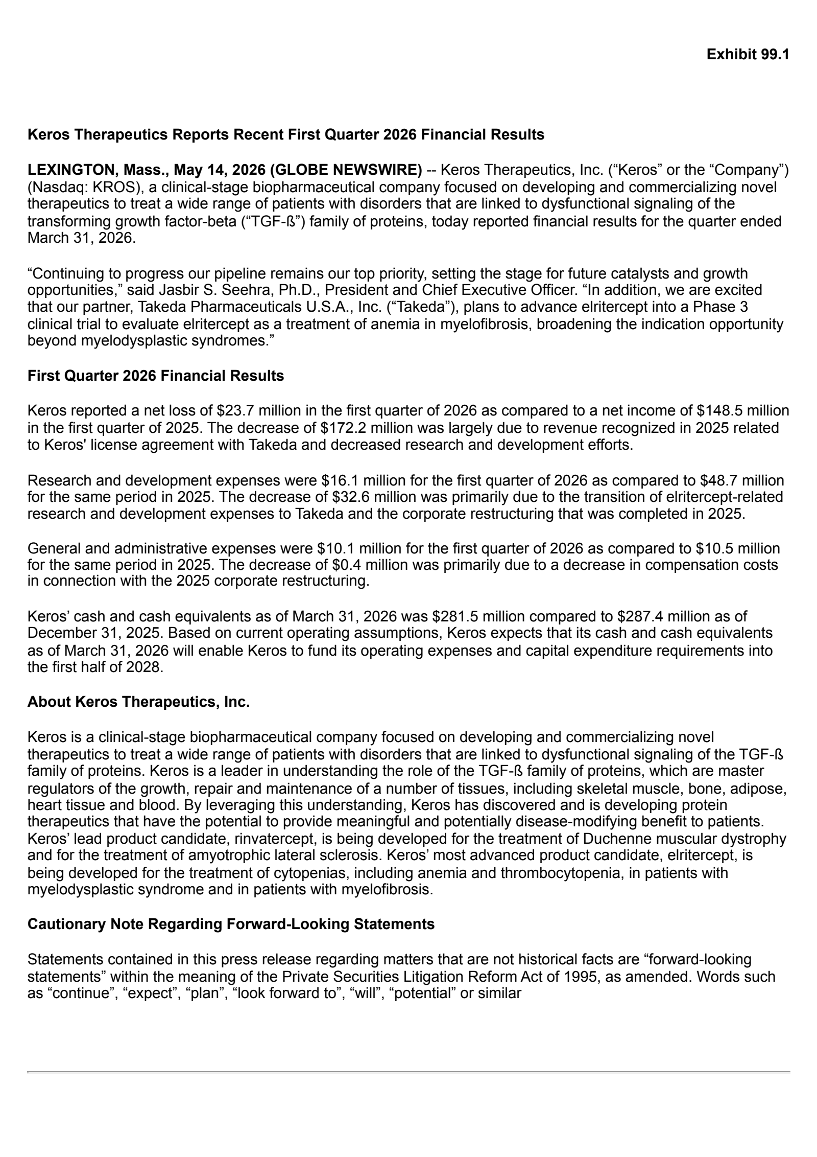 Keros Therapeutics' Q1 2026 Press Release