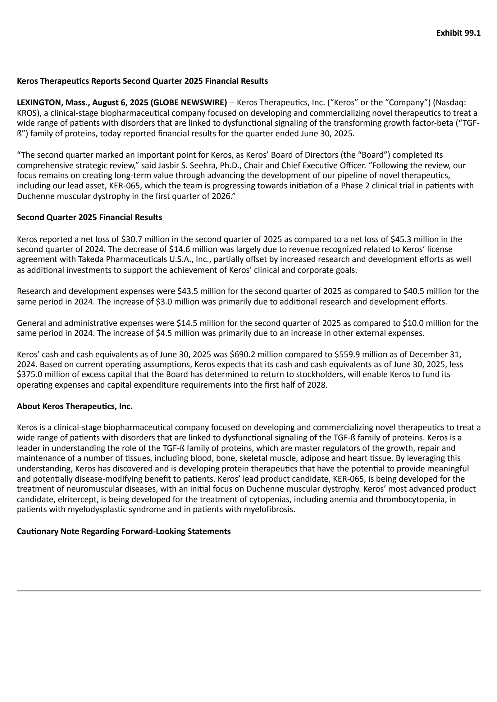 Keros Therapeutics' Q2 2025 Press Release