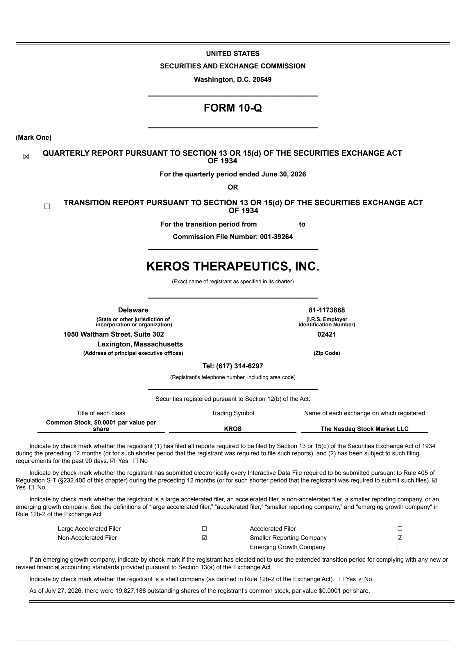 Keros Therapeutics' Q2 2026 Quarterly report