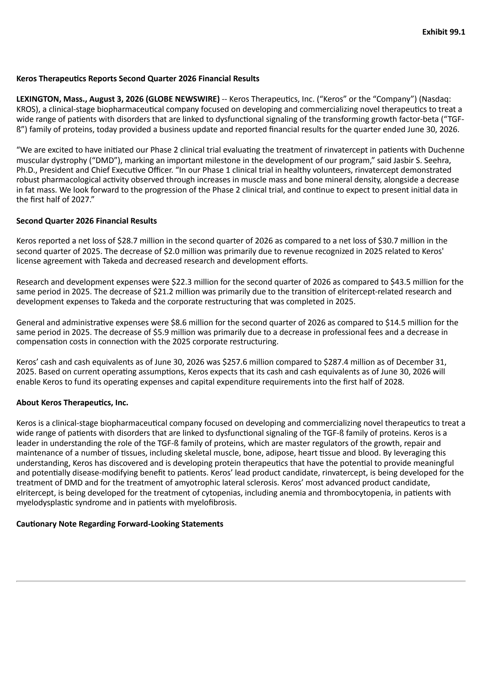 Keros Therapeutics' Q2 2026 Press Release