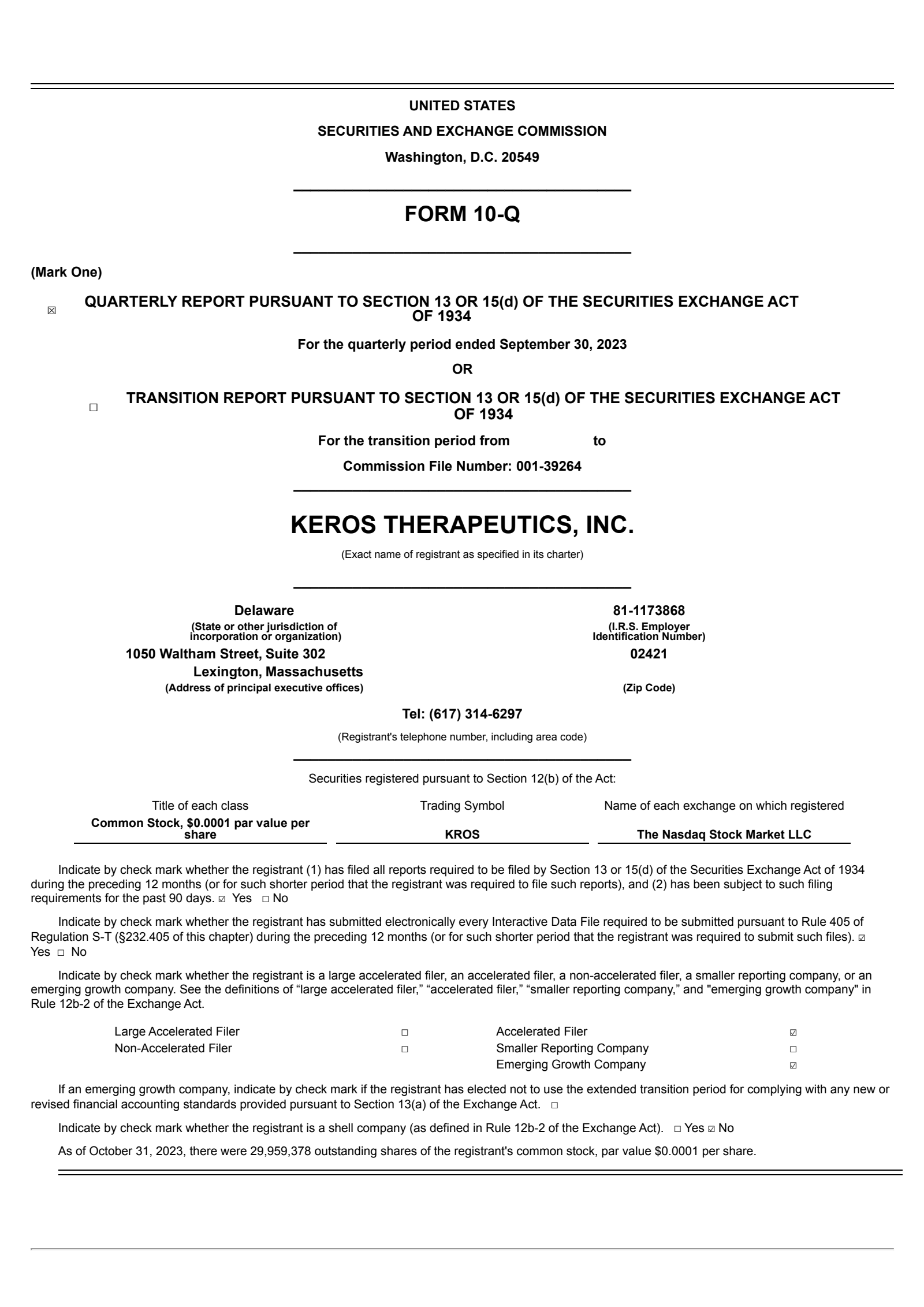 Keros Therapeutics' Q3 2023 Quarterly report