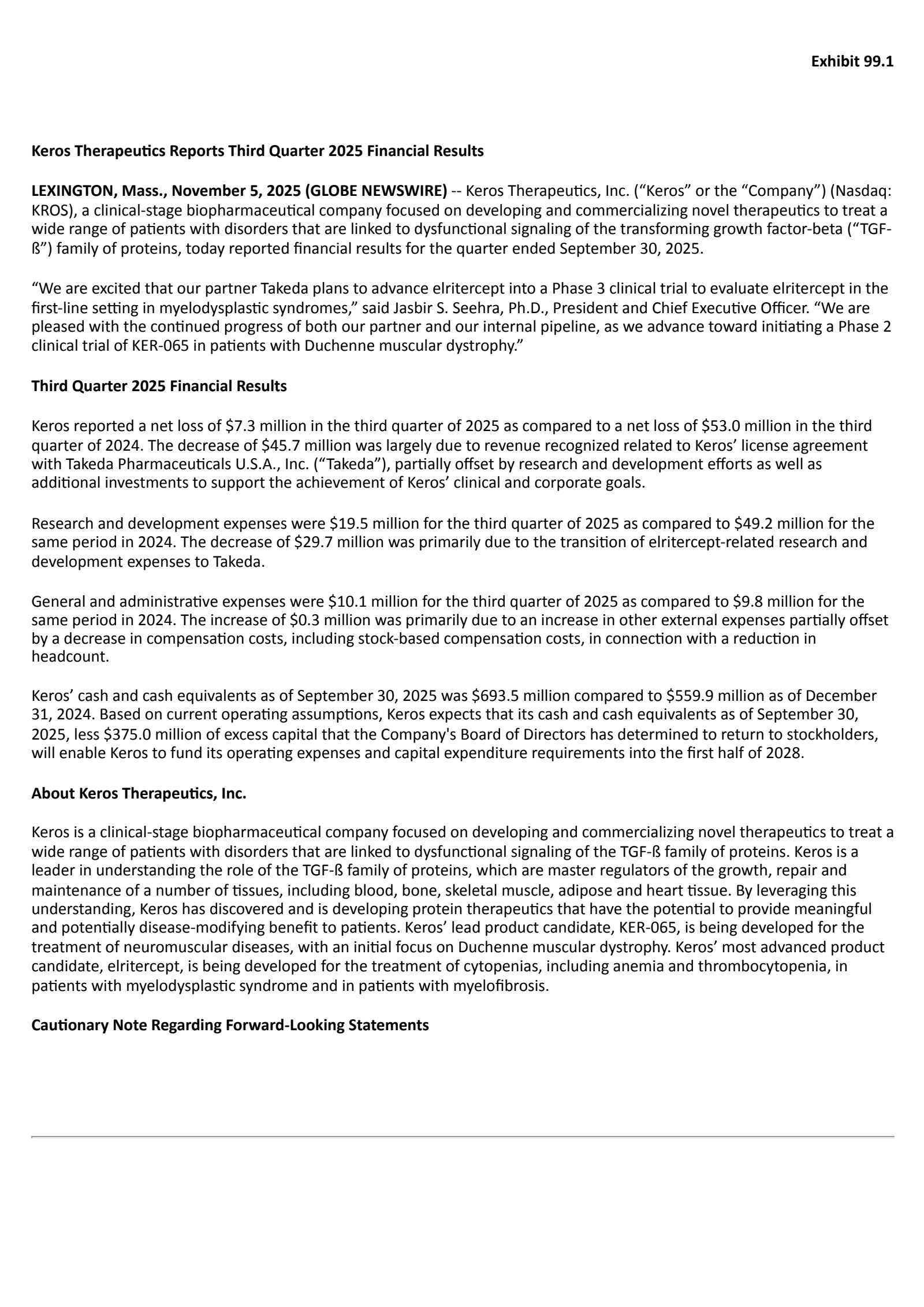Keros Therapeutics' Q3 2025 Earnings Release