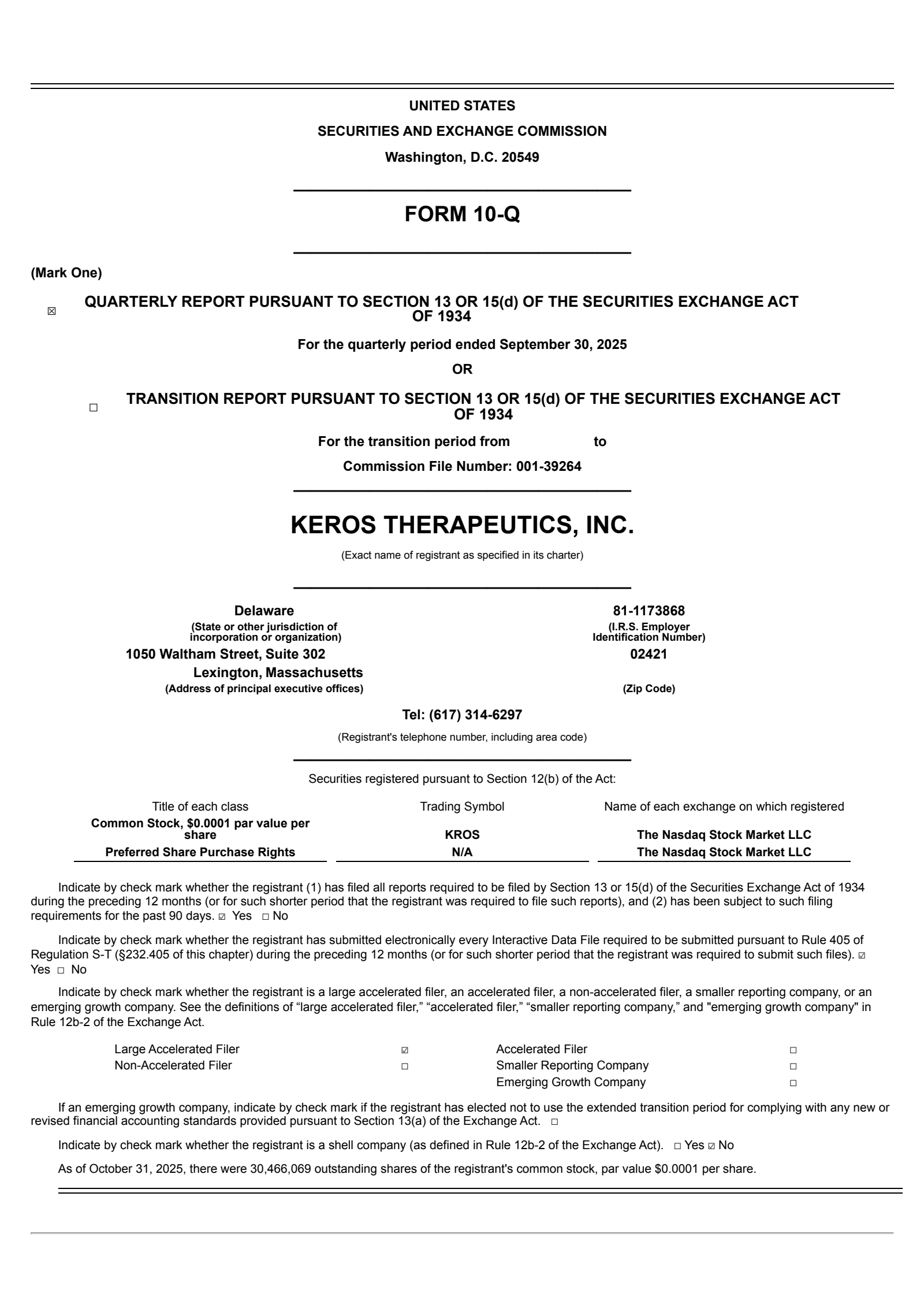 Keros Therapeutics' Q3 2025 Quarterly Report