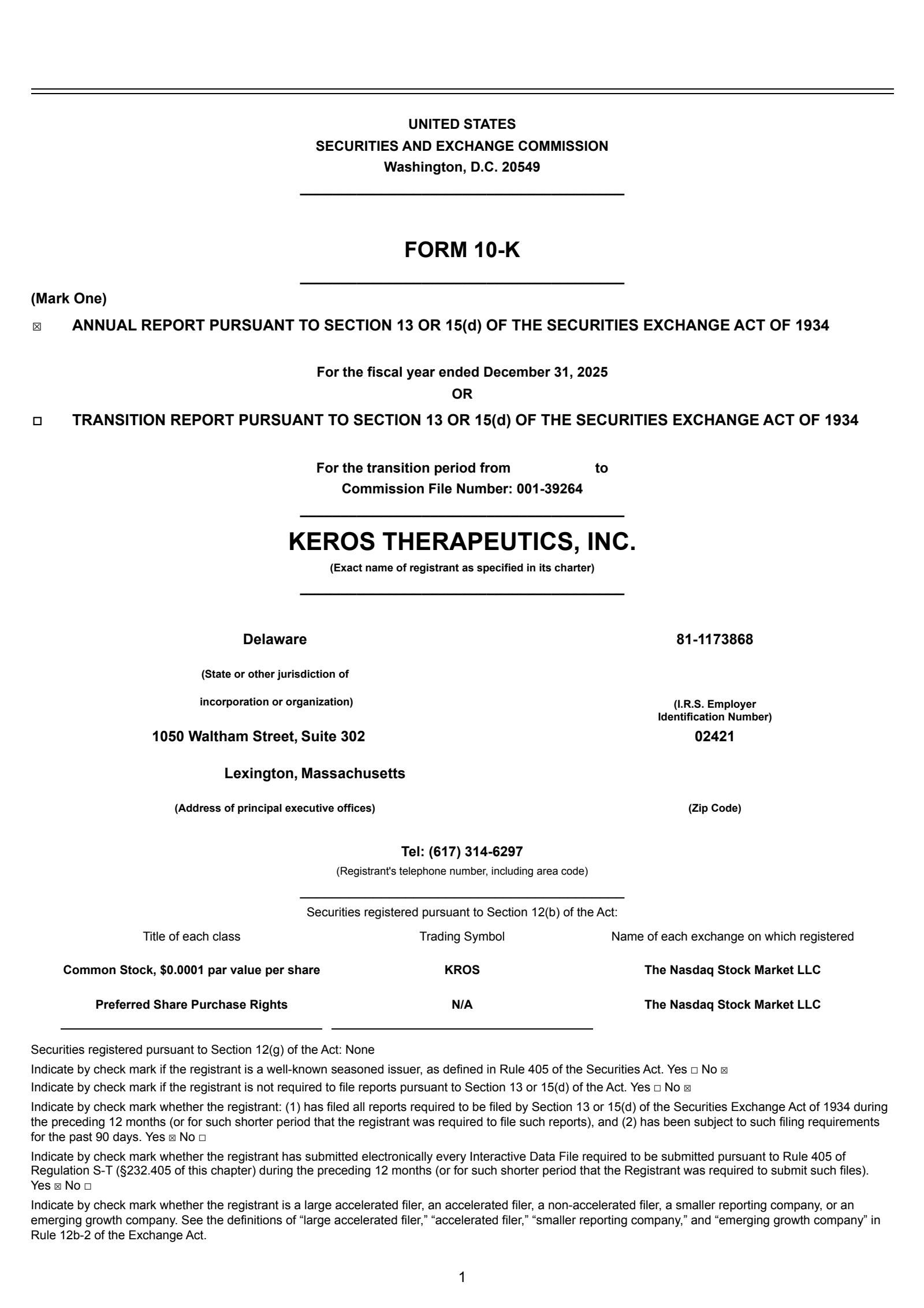 Keros Therapeutics' Q4 2025 Annual report