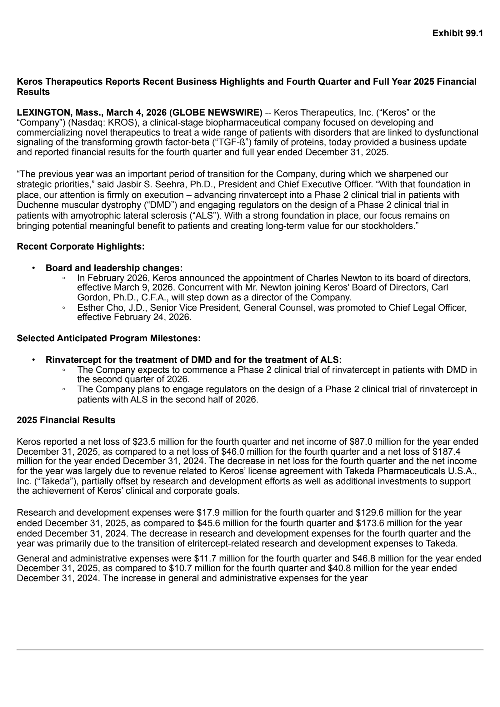 Keros Therapeutics' Q4 2025 Press Release