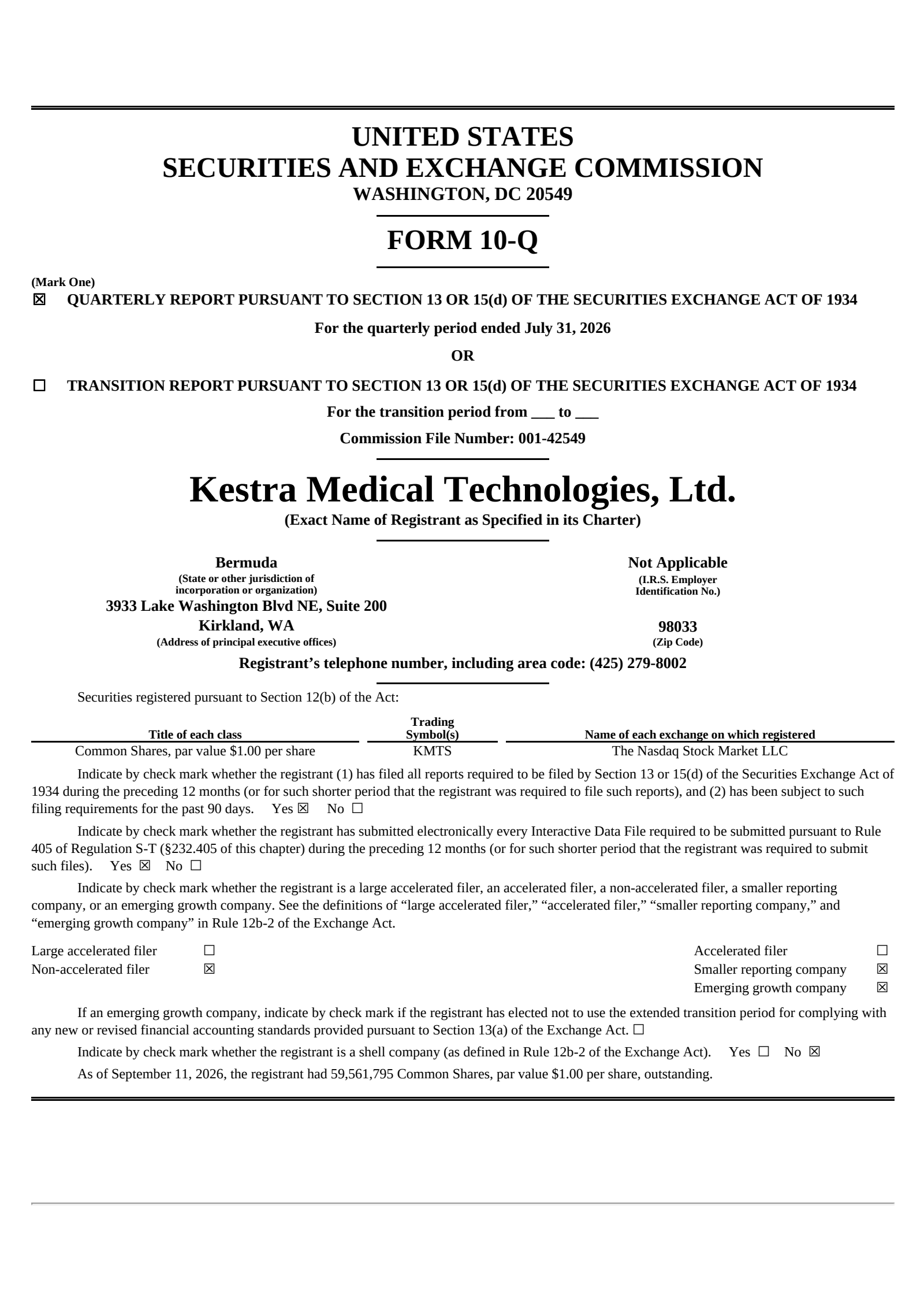 Kestra Medical Technologies' Q1 2027 Quarterly report