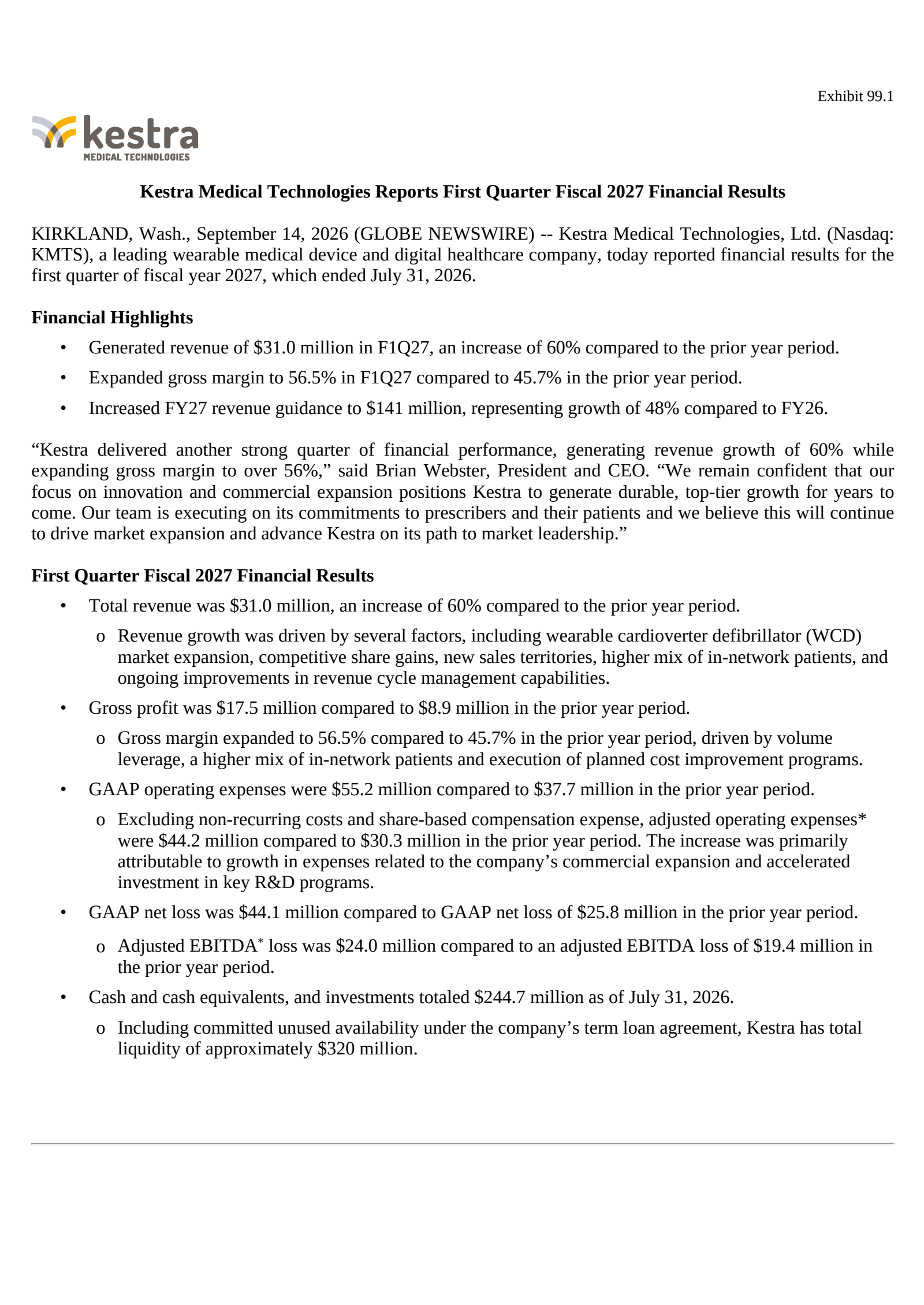 Kestra Medical Technologies' Q1 2027 Press Release
