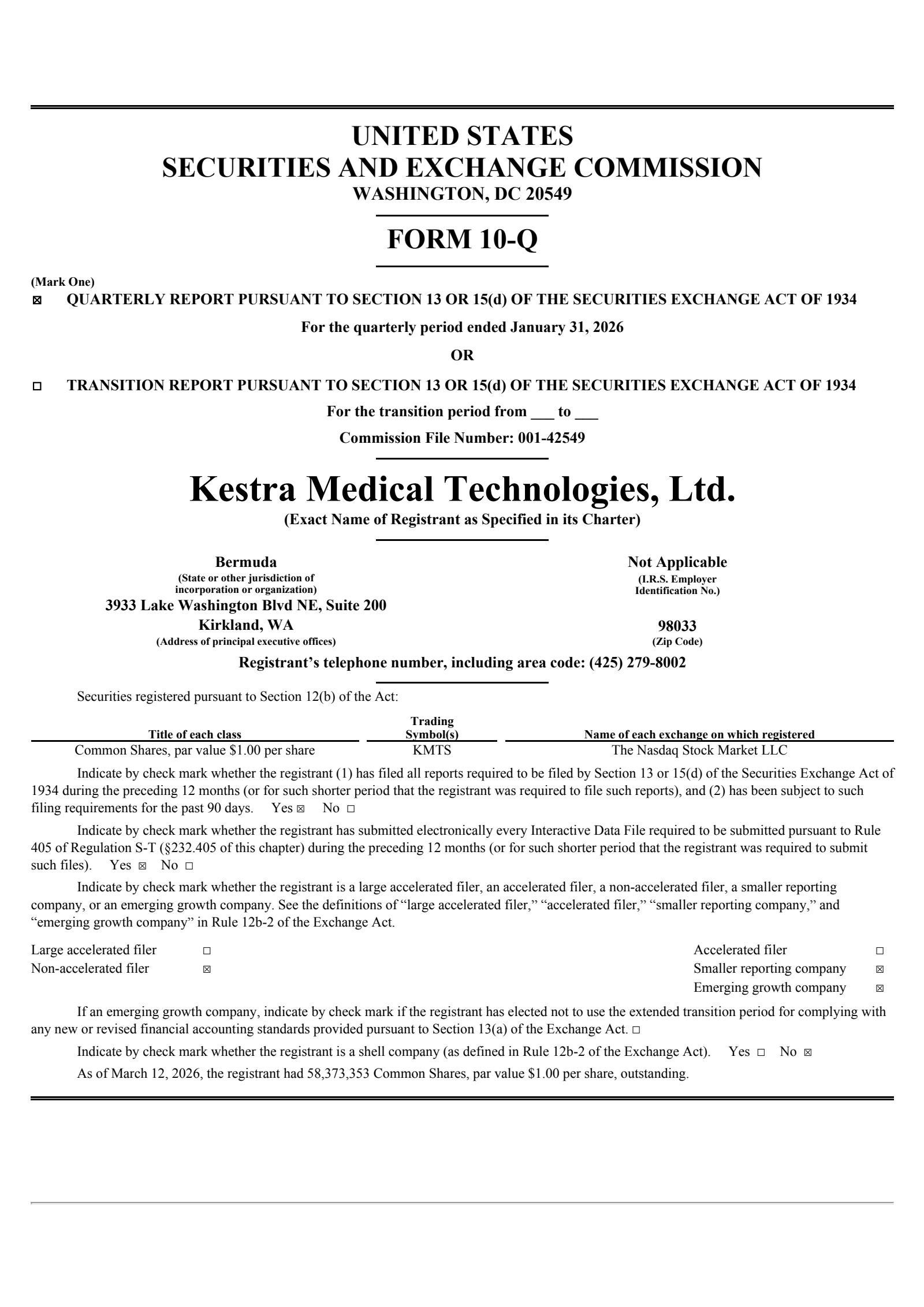 Kestra Medical Technologies' Q3 2026 Quarterly report