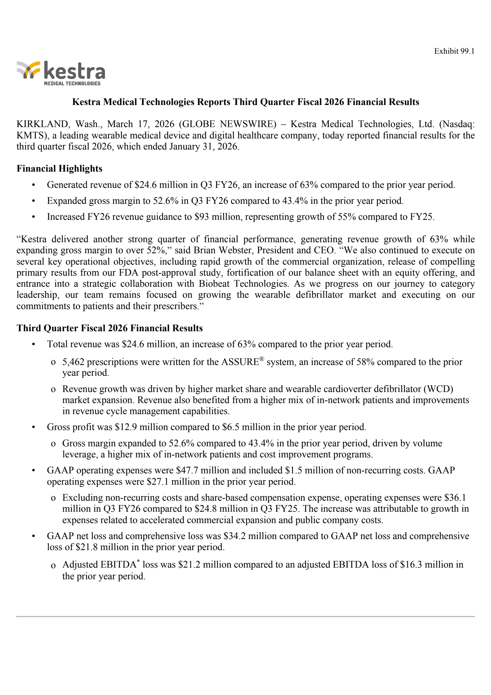 Kestra Medical Technologies' Q3 2026 Press Release