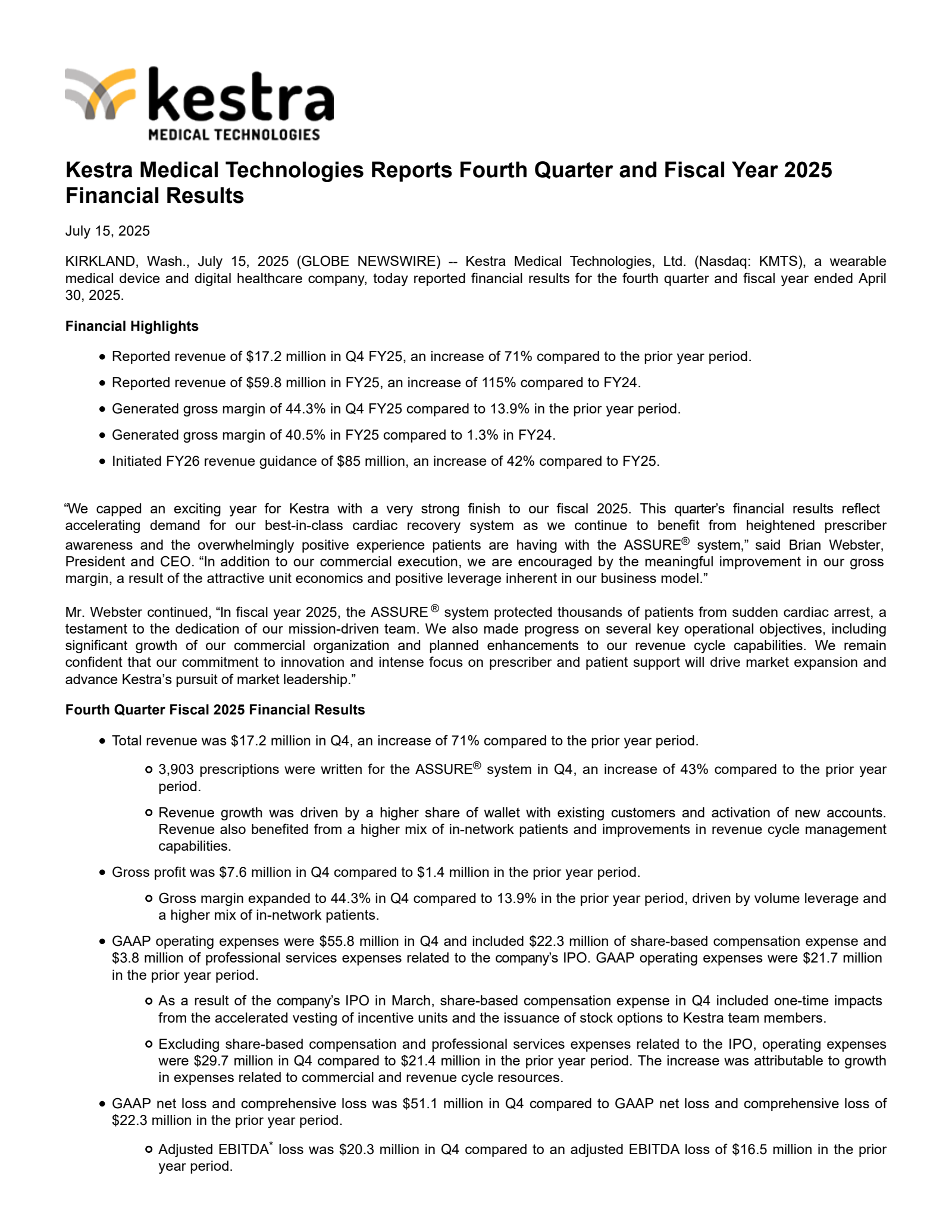 Kestra Medical Technologies' Q4 2025 Press Release