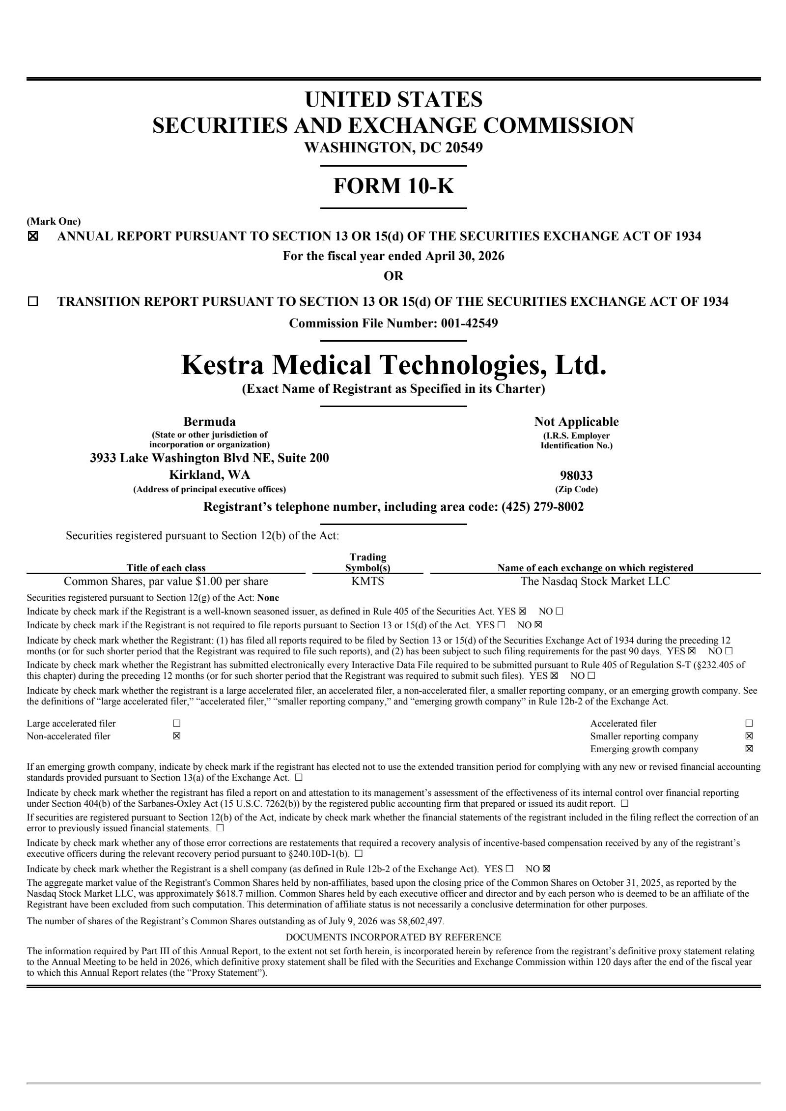 Kestra Medical Technologies' Q4 2026 Annual report