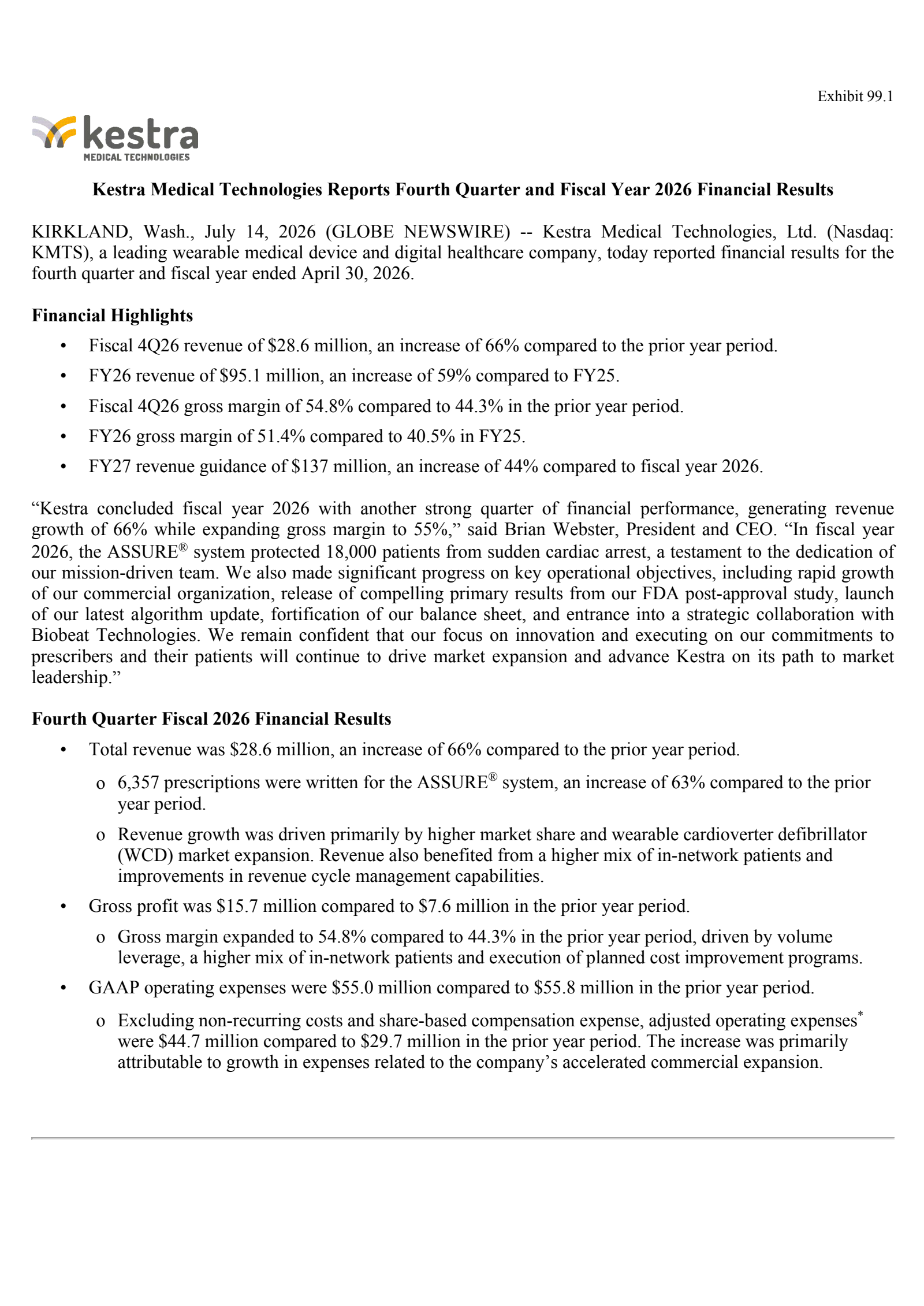 Kestra Medical Technologies' Q4 2026 Press Release
