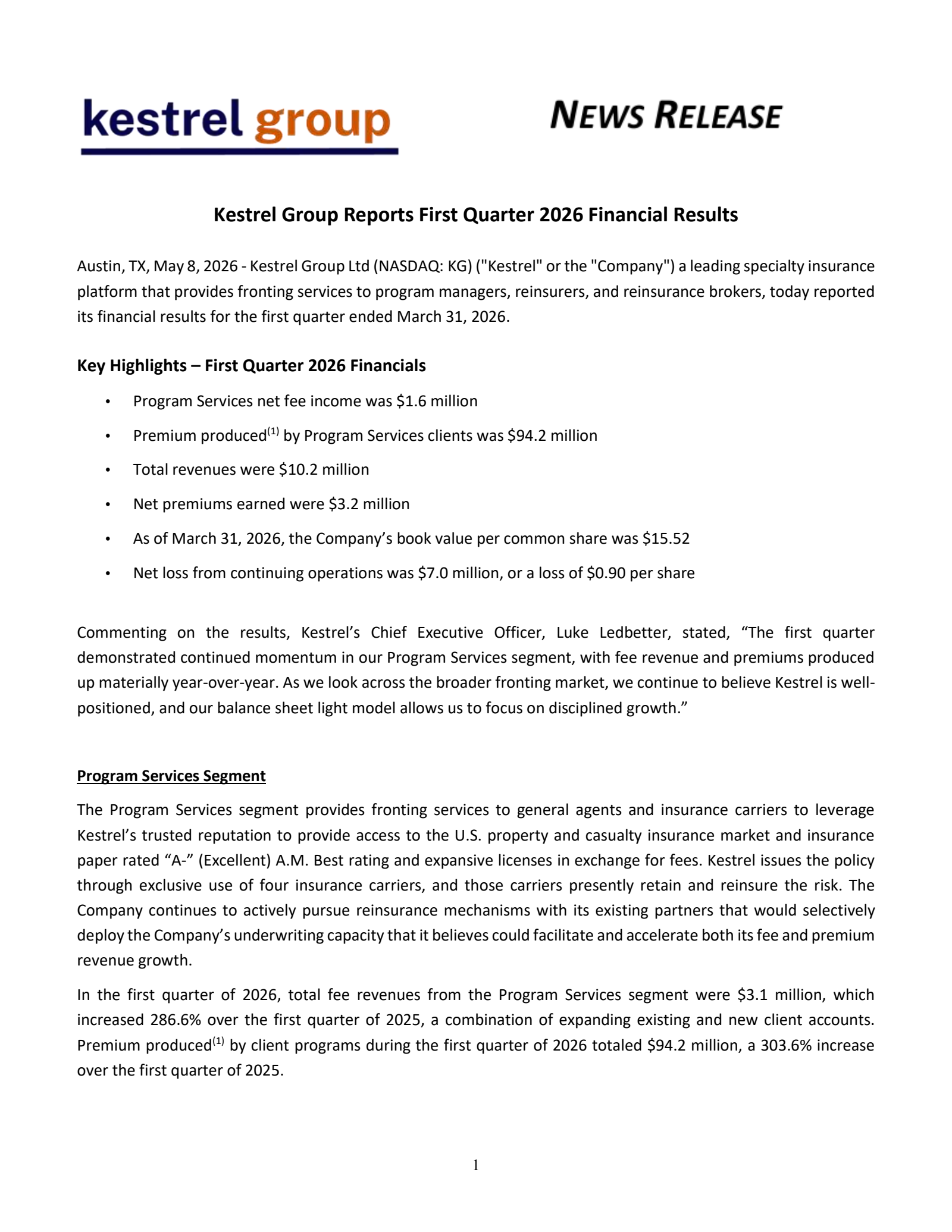 Ranger Bermuda Topco's Q1 2026 Press Release